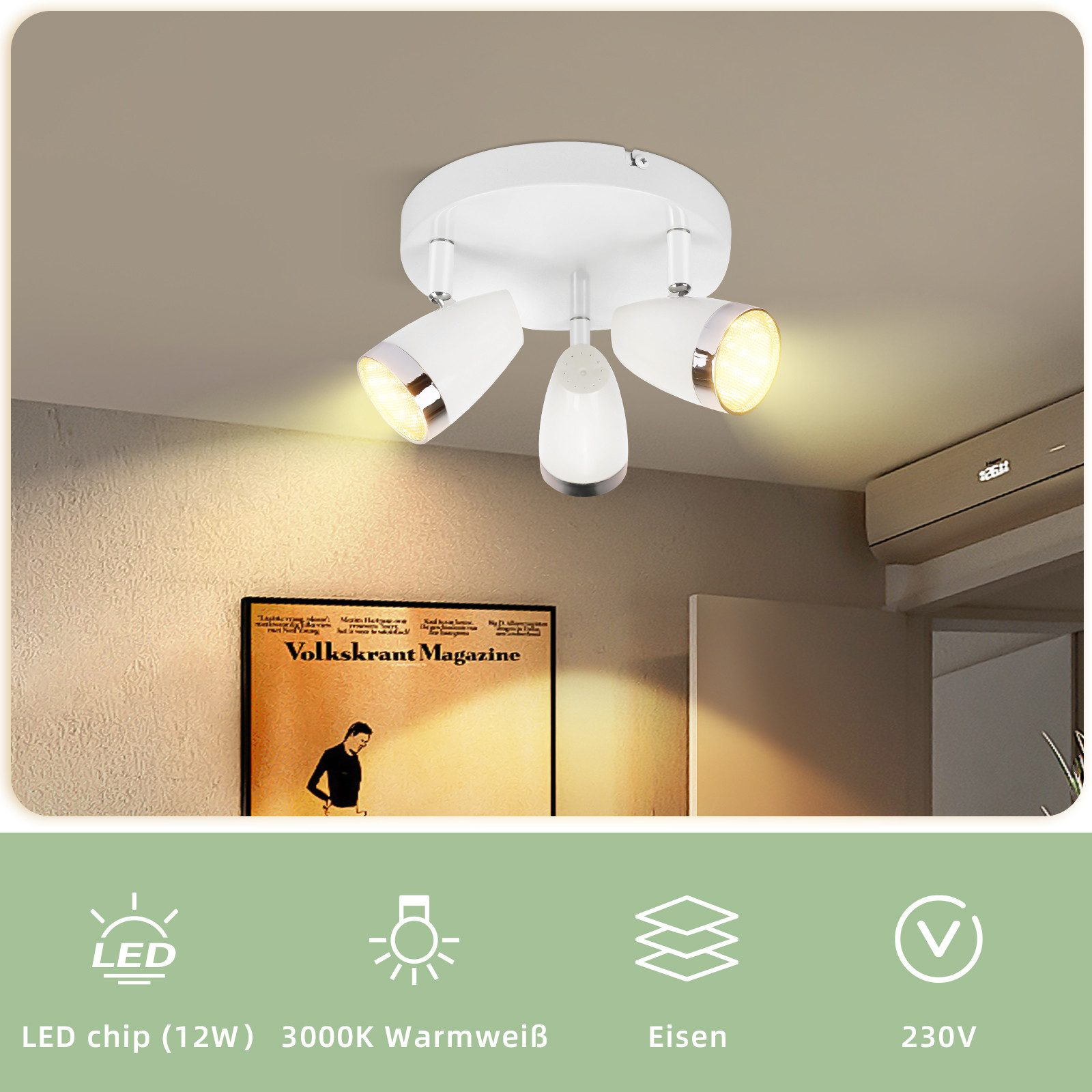 Lampada da soffitto bianca con tre faretti. Il testo recita: "LED chip (12W)".