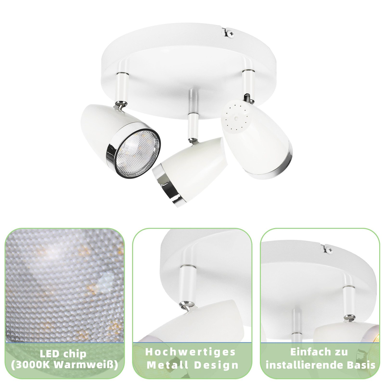 Biały reflektor sufitowy z trzema regulowanymi lampami i zbliżeniami światła i podstawy.