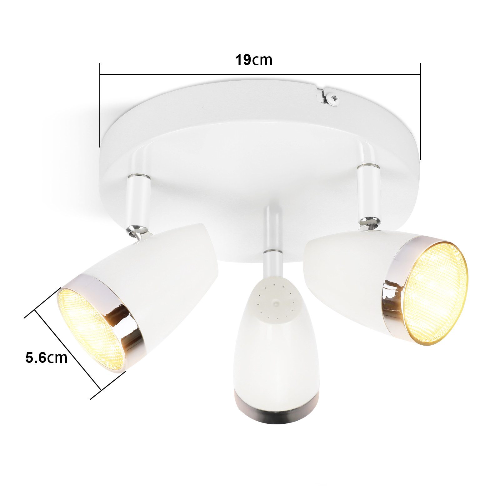 Faretto da soffitto bianco con 3 luci, con dimensioni indicate. Sfondo bianco.