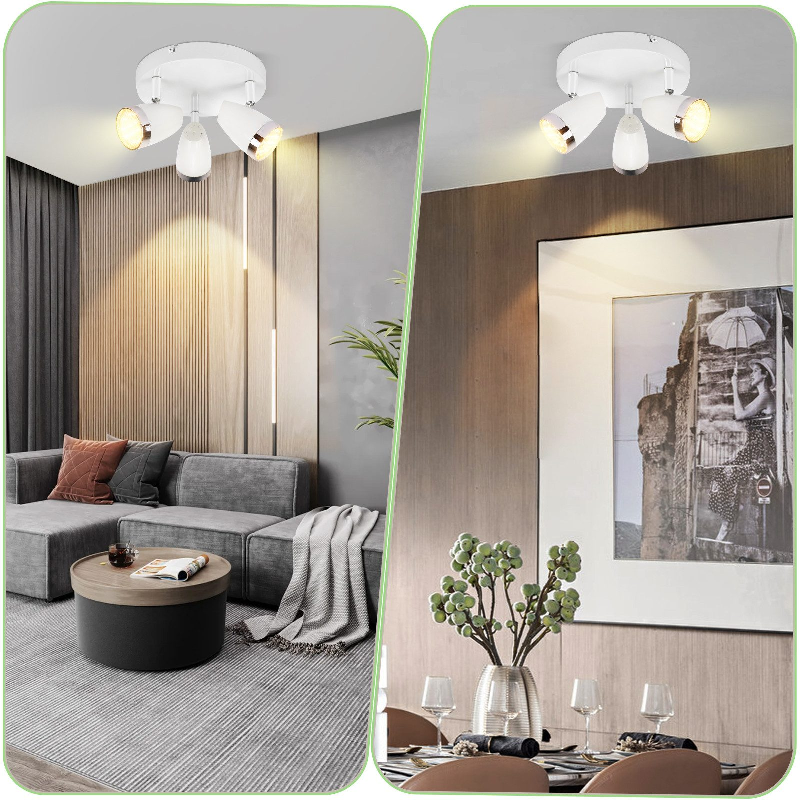 Dwa zdjęcia białej lampy sufitowej z trzema żarówkami, w salonie i jadalni.