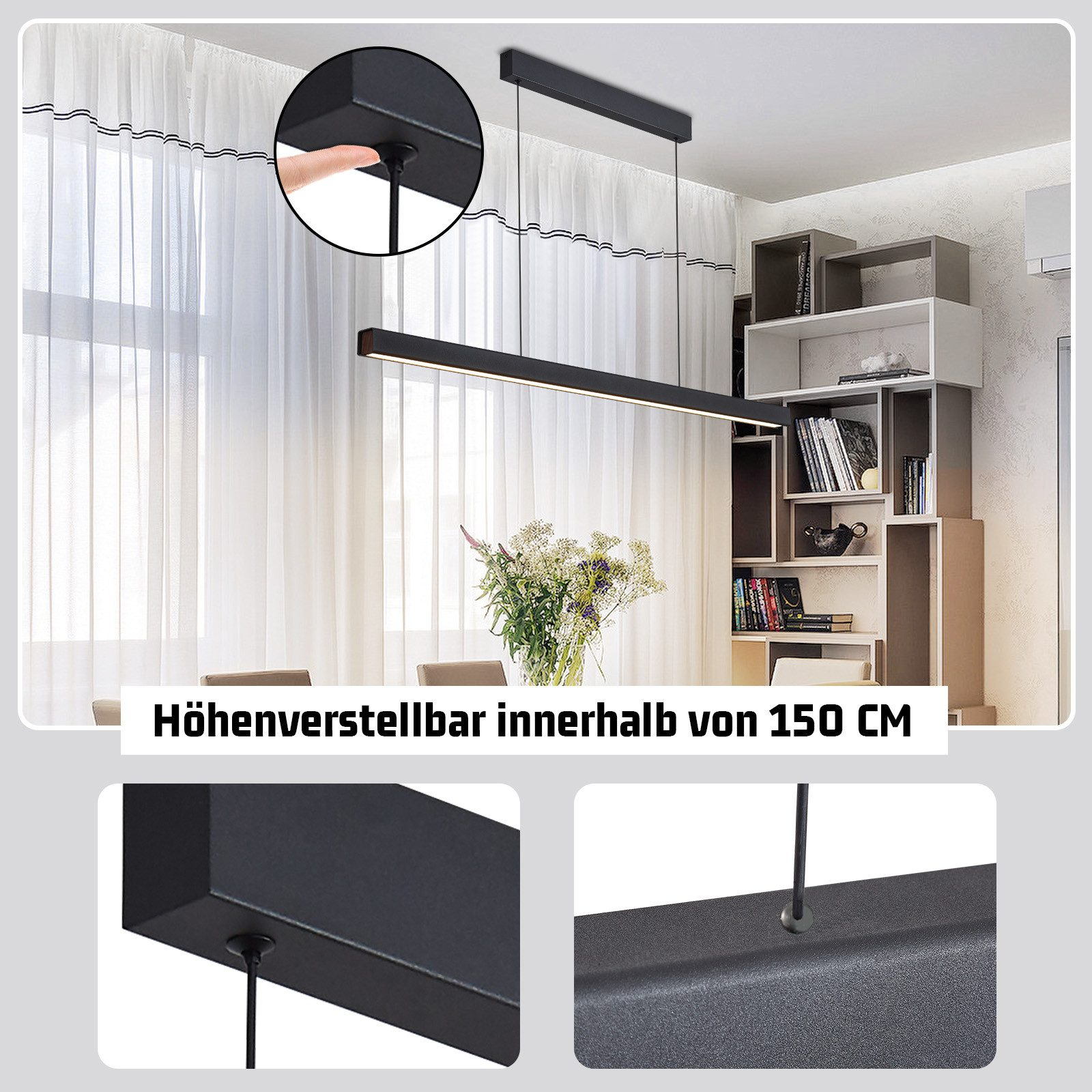 Czarna prostokątna lampa wisząca. Tekst mówi, że wysokość regulowana w zakresie 150 cm.