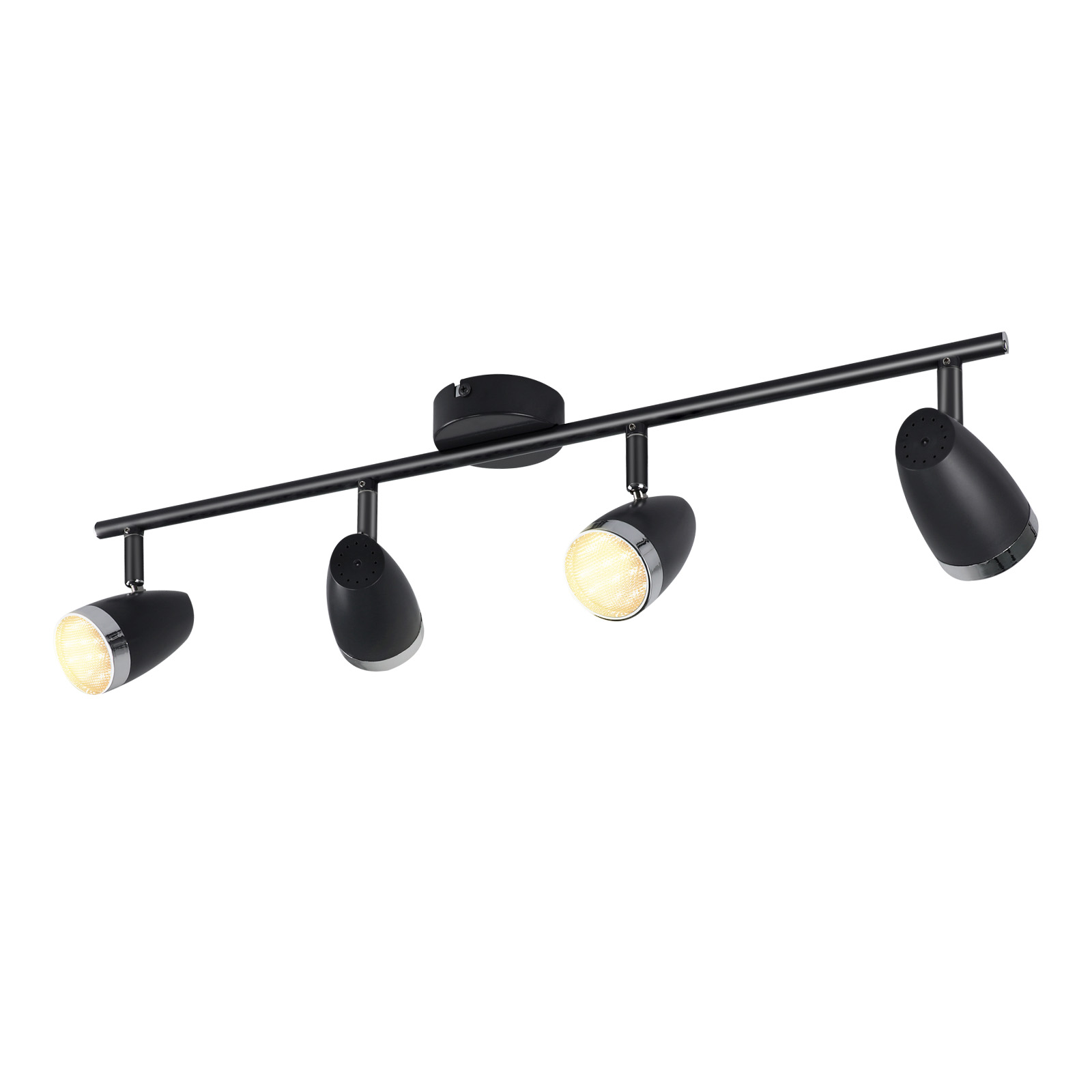 Apparecchio di illuminazione a binario nero con quattro faretti regolabili. Su sfondo bianco.
