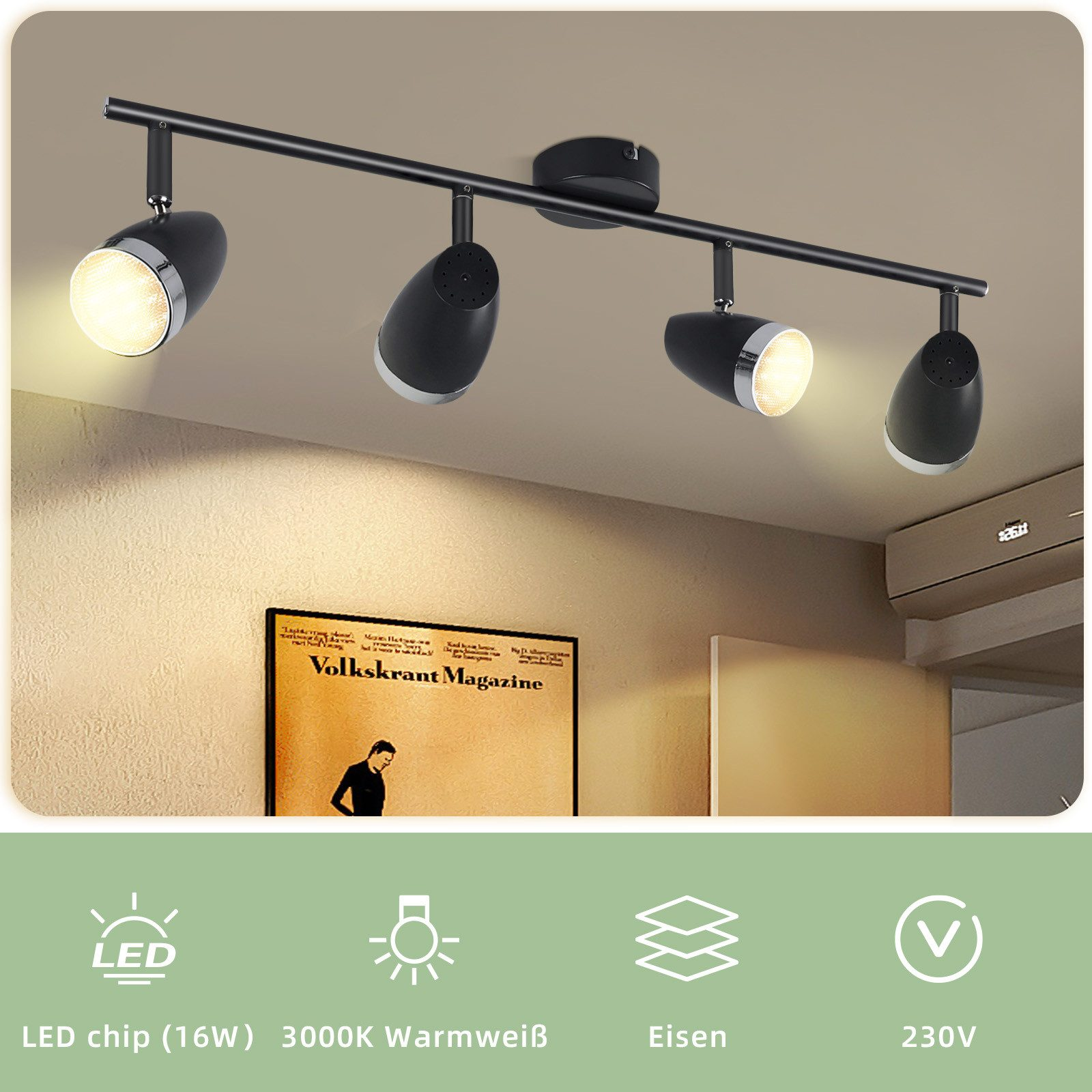 Una lampada a binario nera con quattro faretti su un soffitto. Un poster di rivista è sul muro.