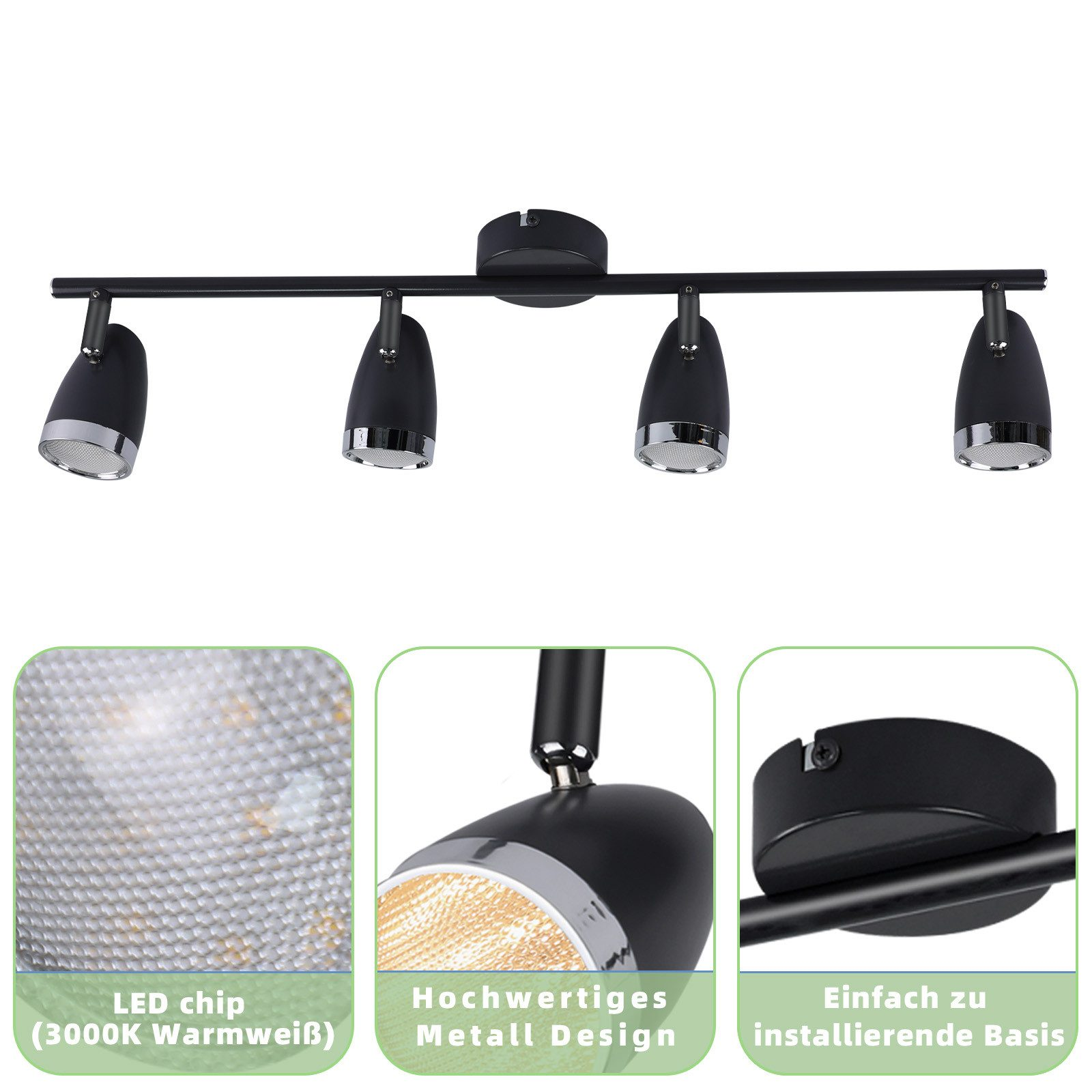 Illuminazione a binario nera con quattro faretti, ciascuno con un anello interno argentato.