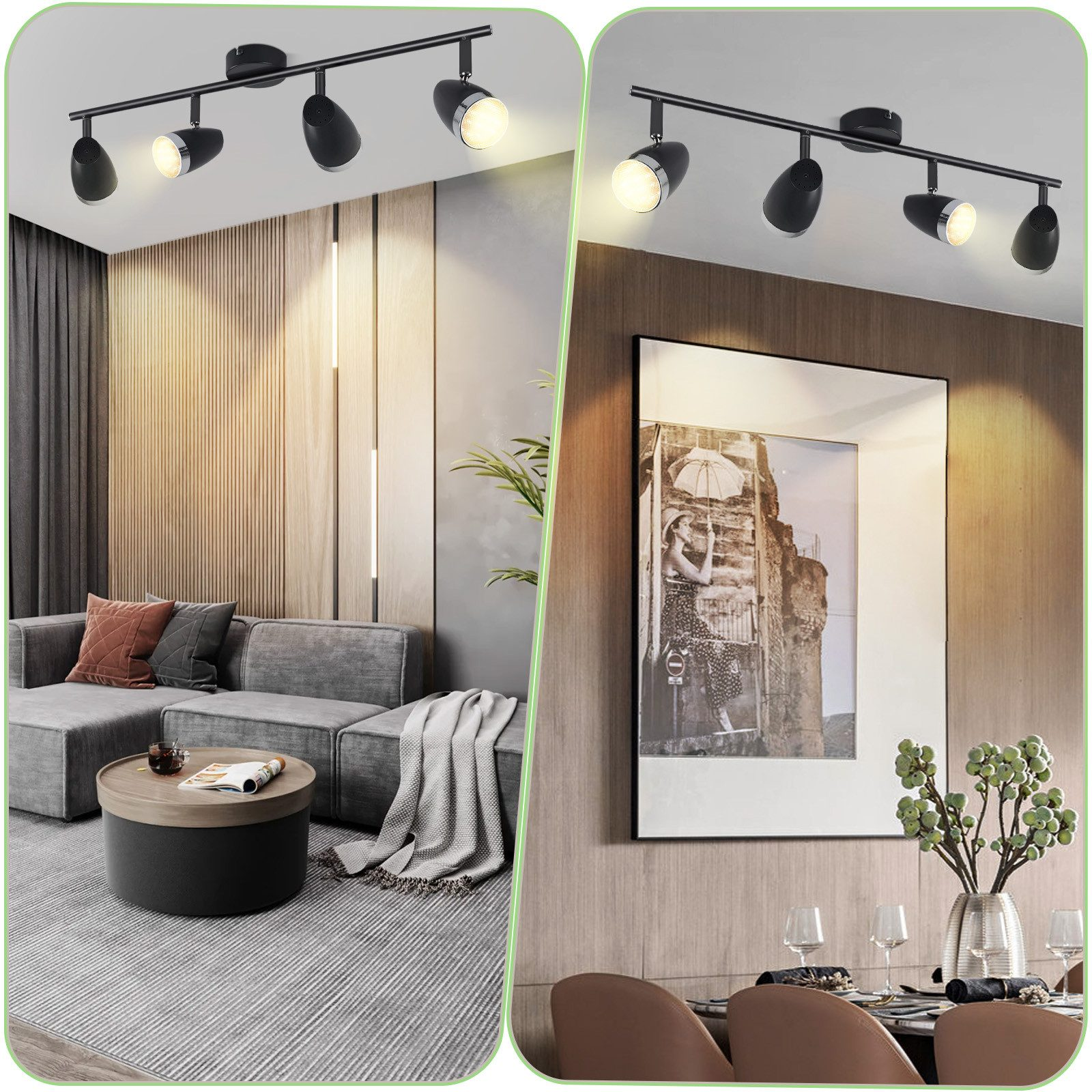Dwa obrazy przedstawiające nowoczesny salon i jadalnię, oba z czarnymi reflektorami na suficie.