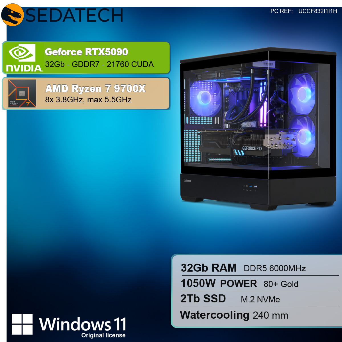 Un case per computer con componenti: CPU, GPU, RAM, SSD, alimentatore e raffreddamento a liquido.