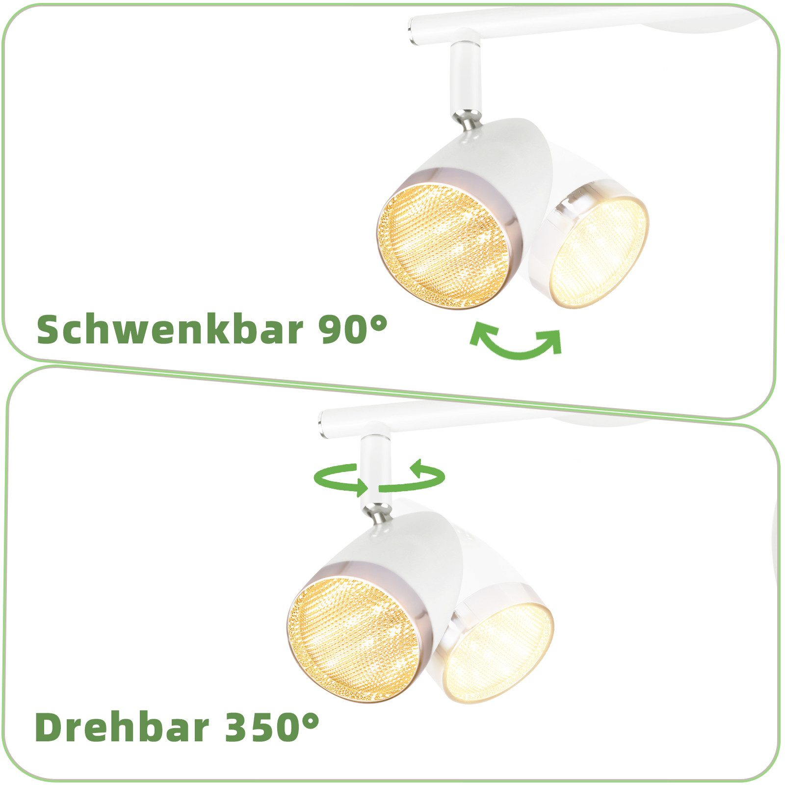 Dwa białe i srebrne reflektory, oznaczone jako obrotowe i obracalne.