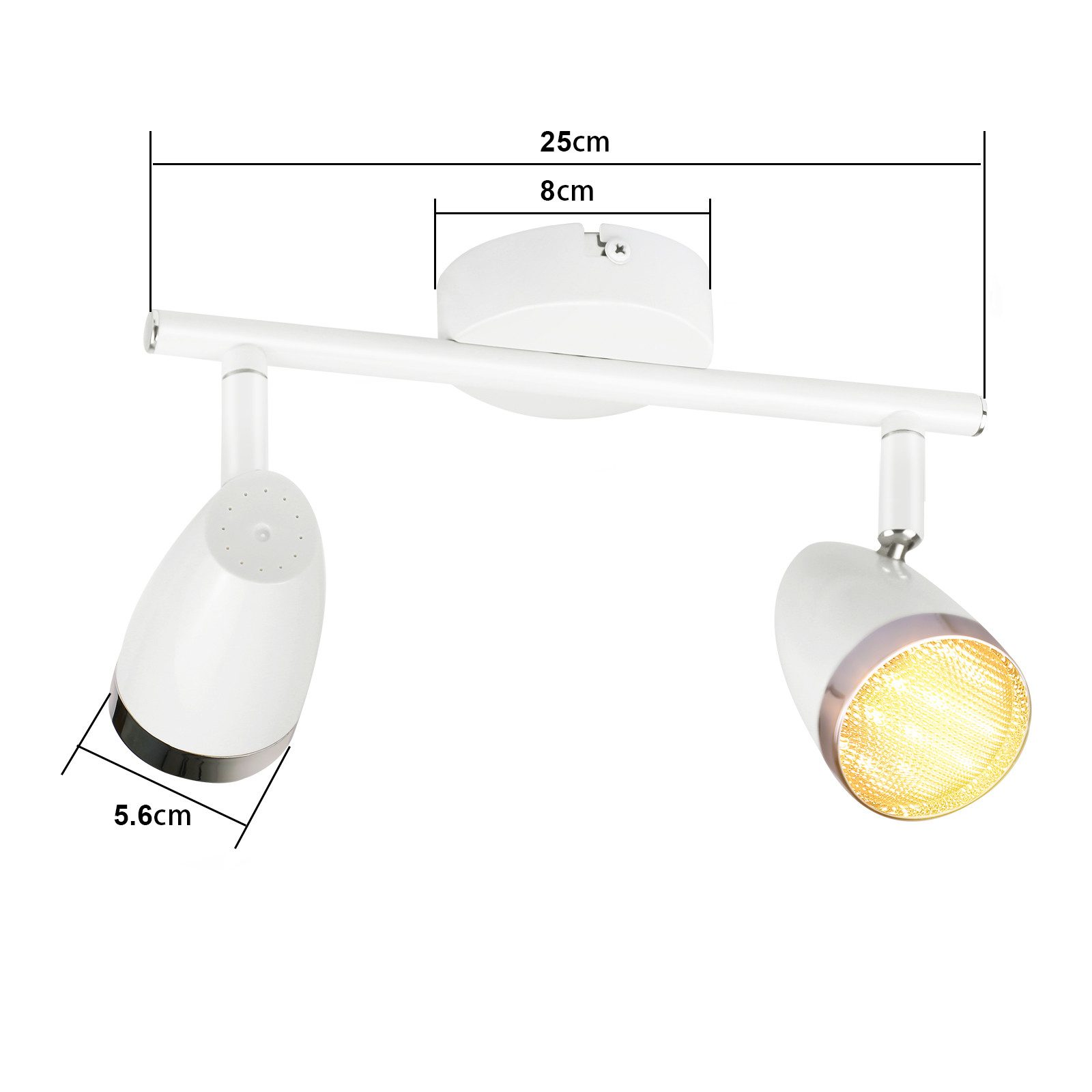 Biała lampa szynowa z dwoma regulowanymi reflektorami i oznaczonymi wymiarami.
