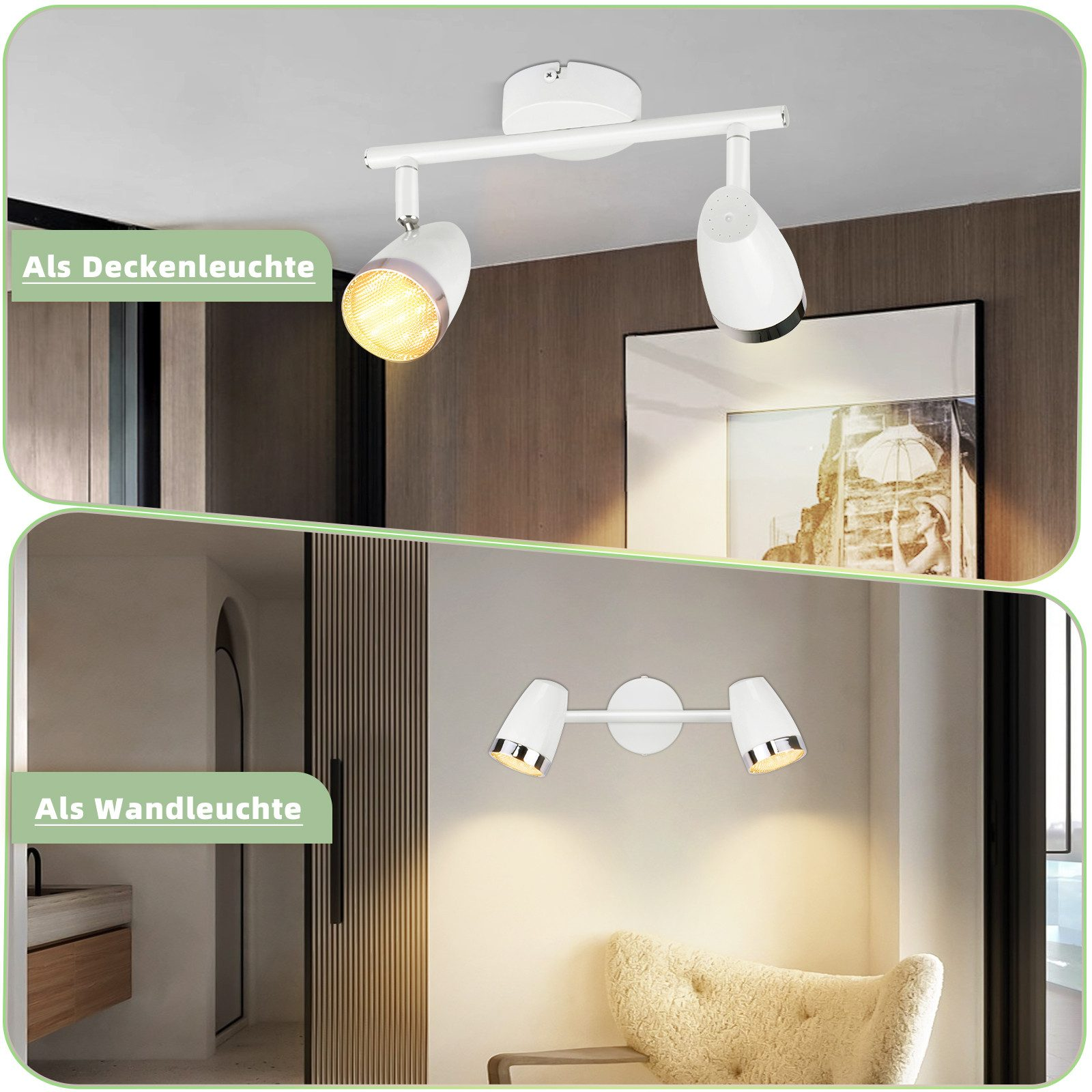 Białe reflektory: zamontowane na suficie i ścianie. Każdy reflektor ma okrągłe źródło światła.