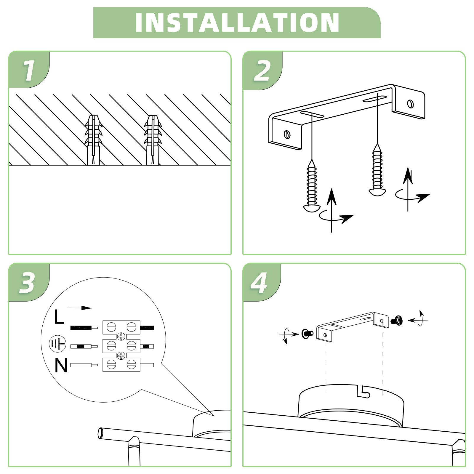 Instrukcja instalacji w czterech krokach, pokazująca, jak zamontować śruby i przymocować oprawę.