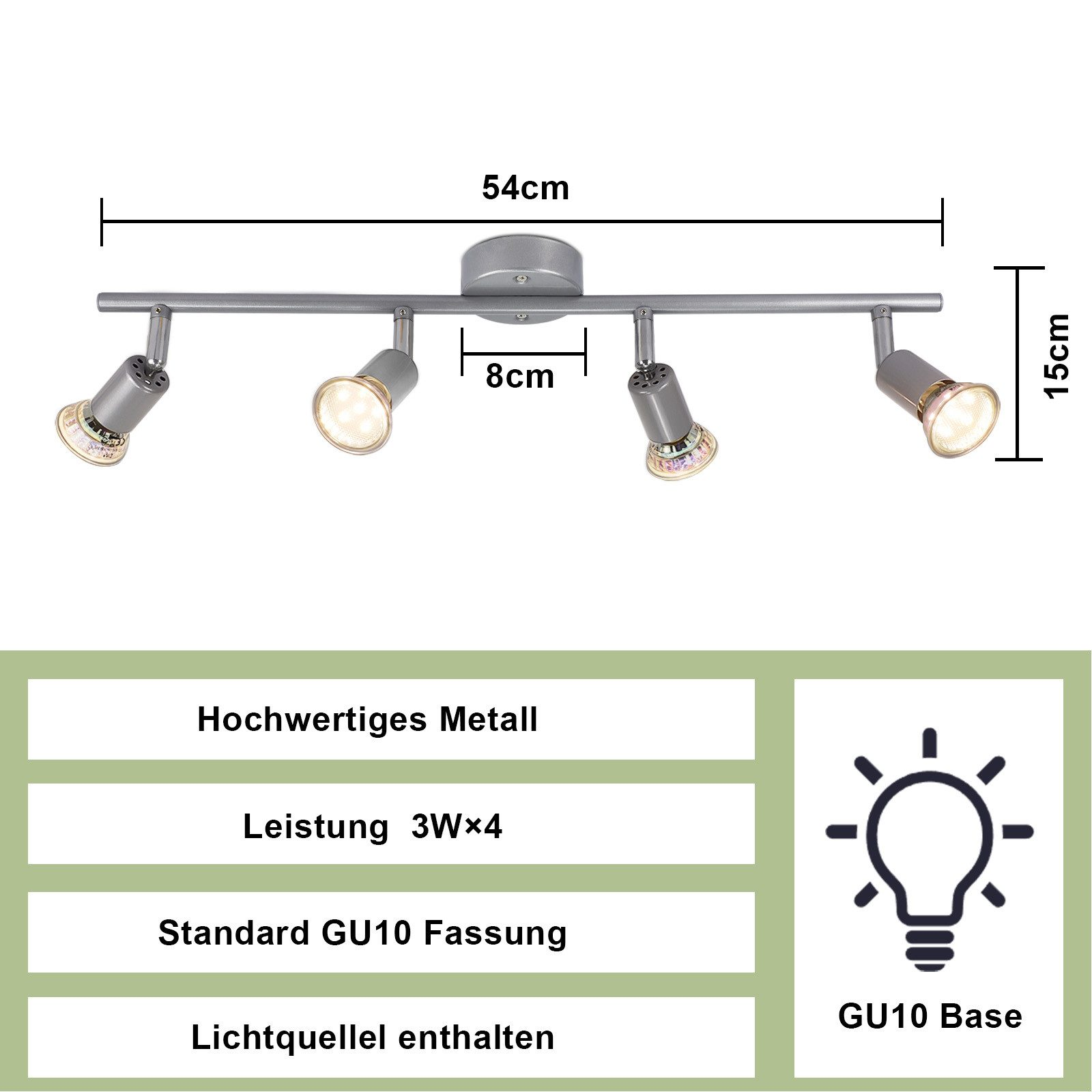 Srebrna lampa szynowa z czterema regulowanymi lampami, wymiary pokazane. Tekst po niemiecku poniżej.