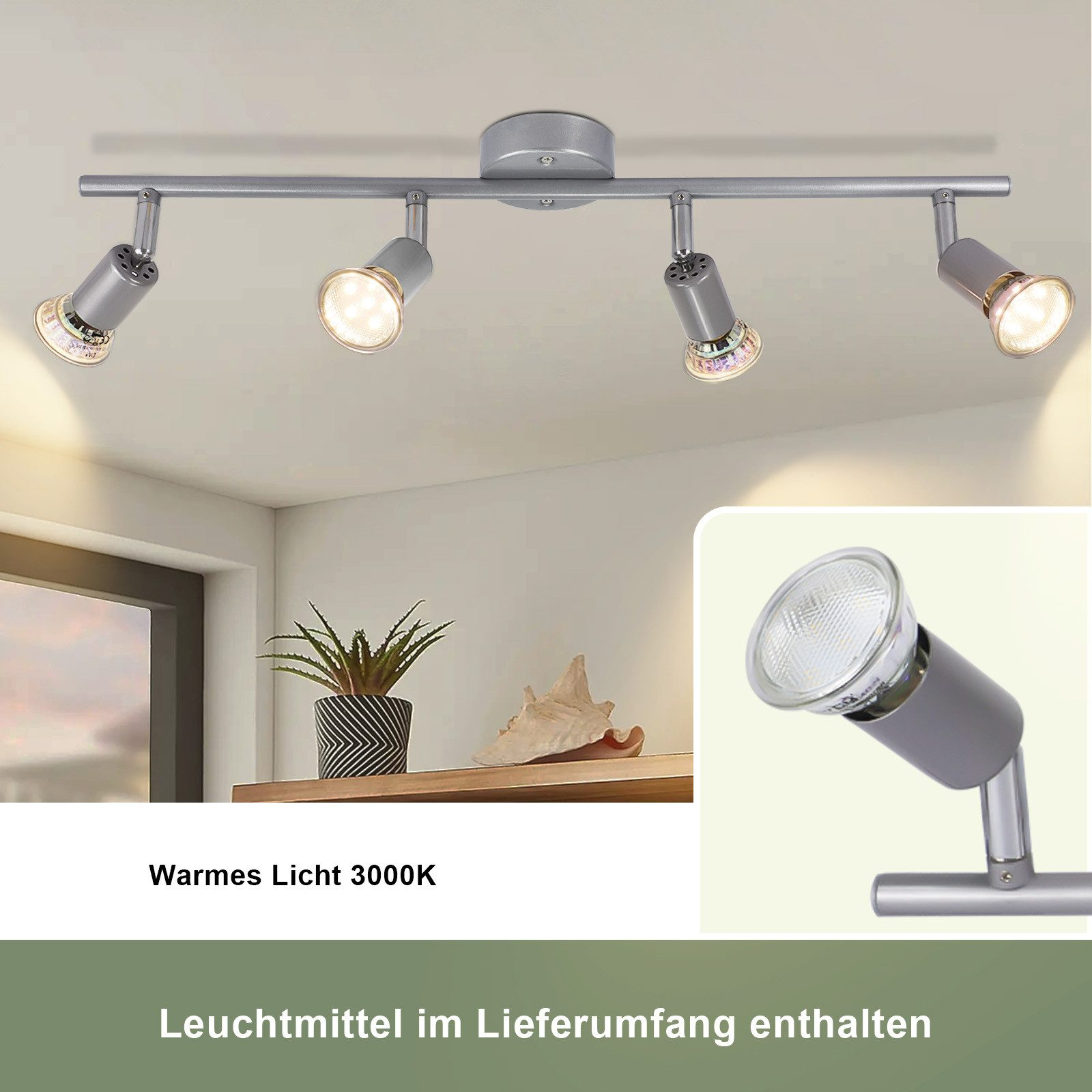 Srebrne oświetlenie szynowe z czterema światłami. Światło jest ciepłe, 3000K.