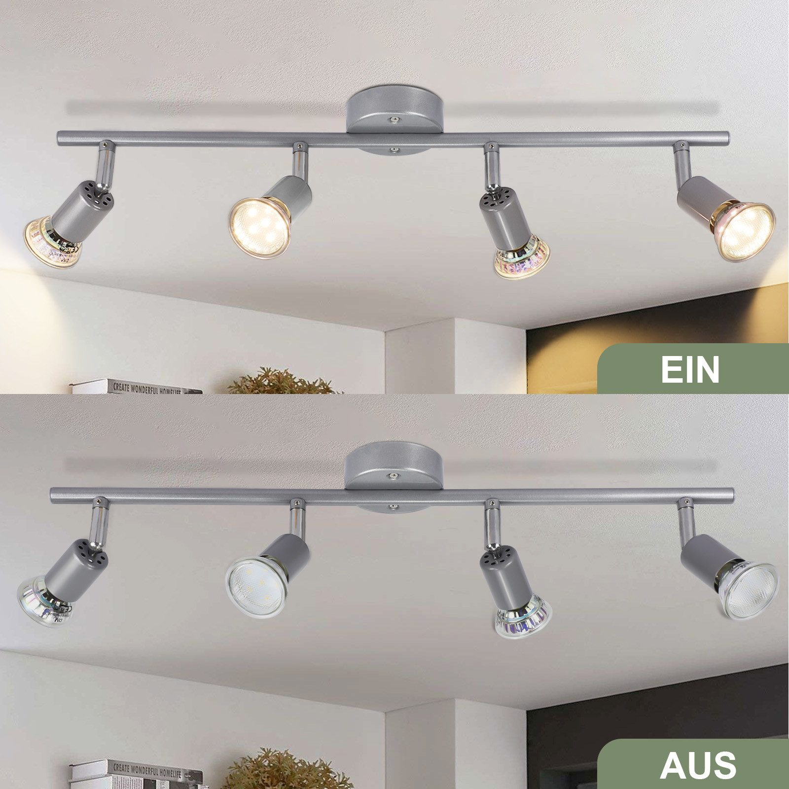 Dwa obrazy oświetlenia szynowego, jeden włączony i jeden wyłączony, pokazujące funkcjonalność włącz/wyłącz.