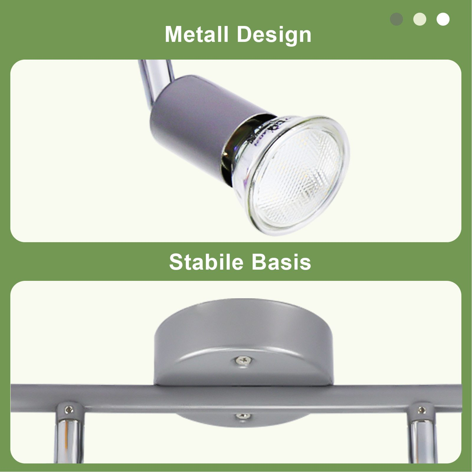 Due immagini di un faretto, che mostrano i dettagli del suo design e della sua base, su sfondo bianco.