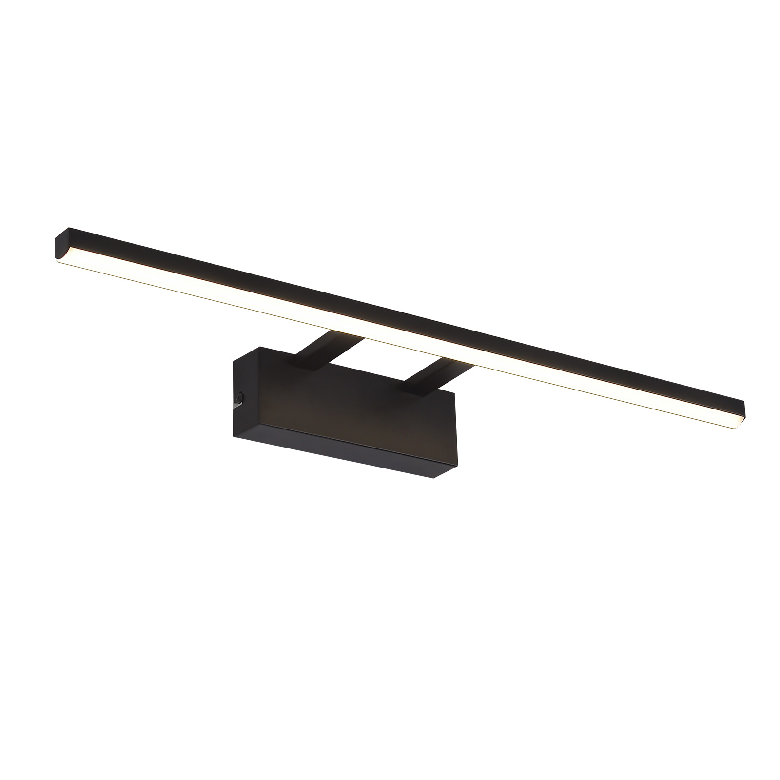 Un apparecchio di illuminazione a LED nero con un design sottile e rettangolare, montato su una parete bianca.
