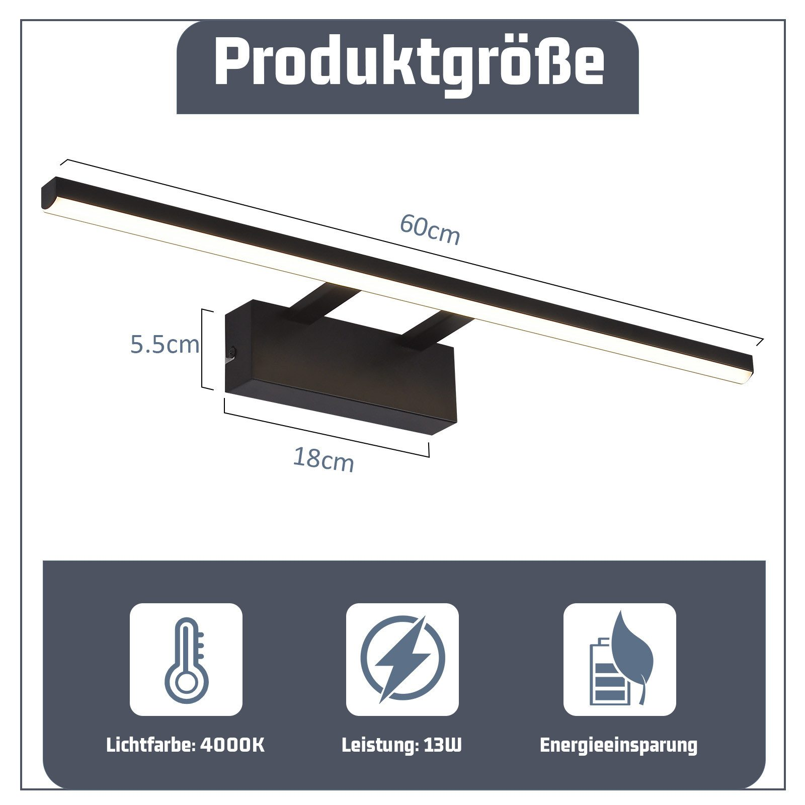 Luce LED rettangolare nera con dimensioni. Ha icone che mostrano luce, energia e potenza.
