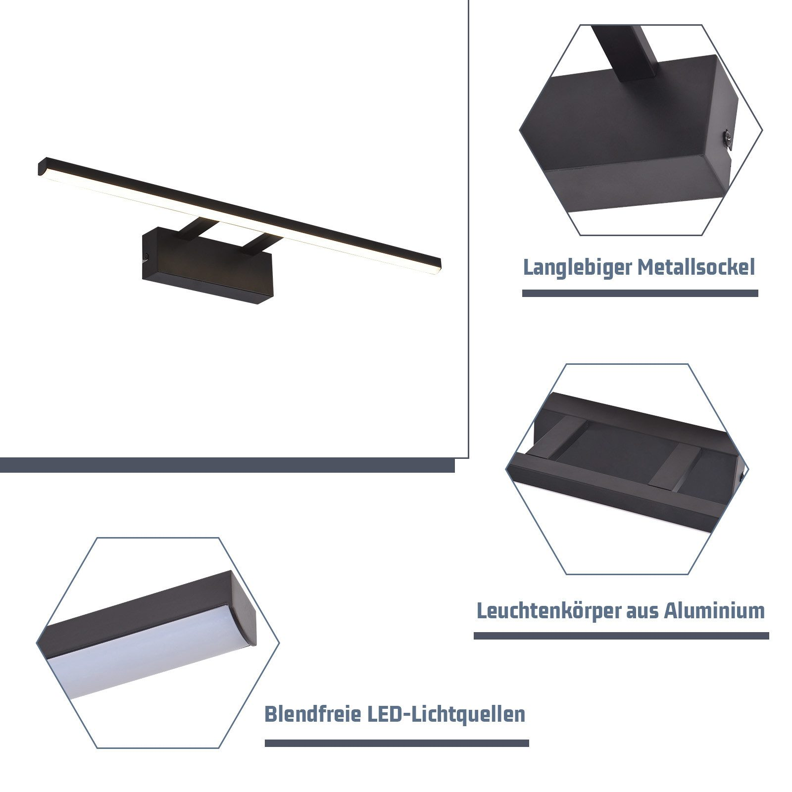 Una lampada da parete nera con dettagli dell'alloggiamento, dell'illuminazione e delle parti di montaggio.