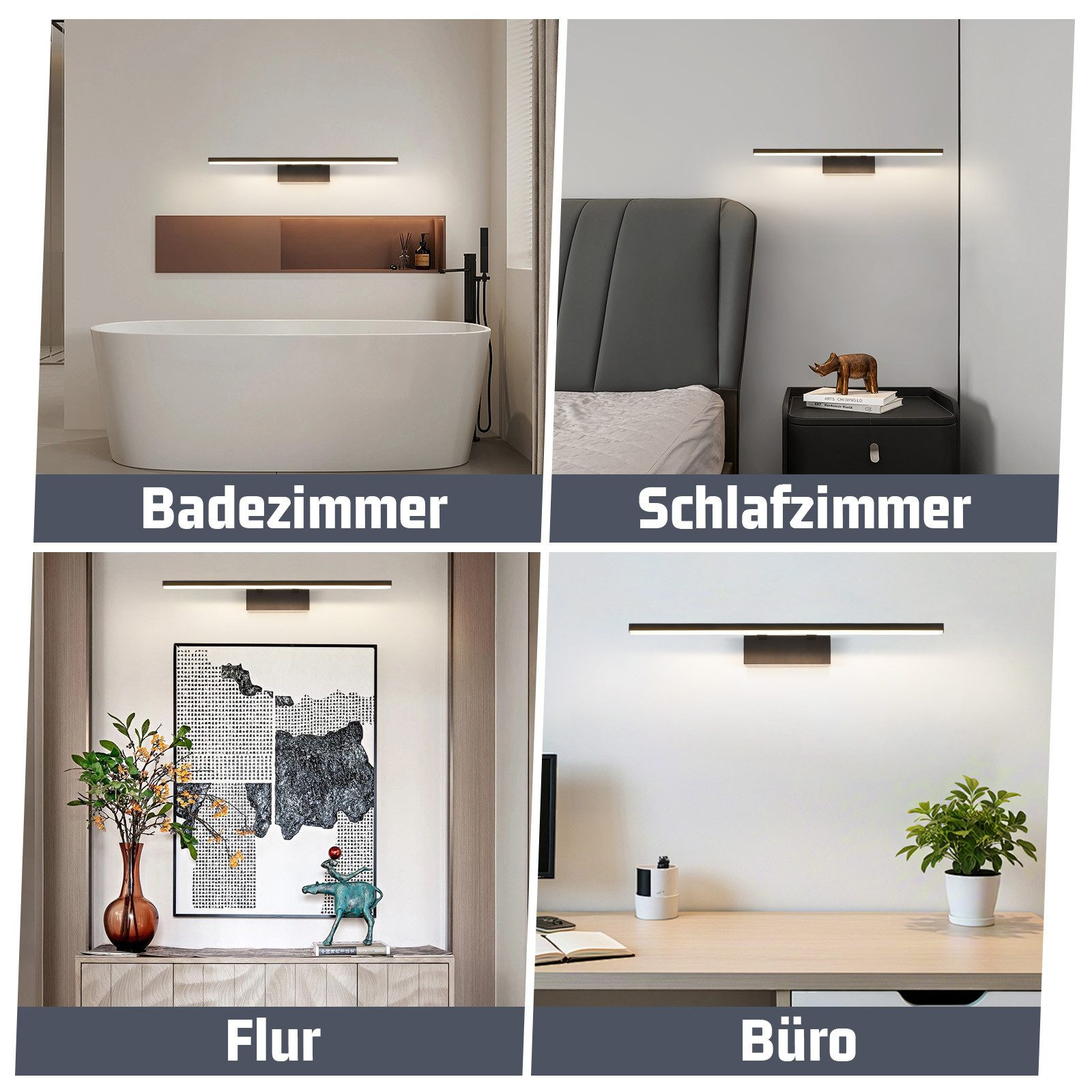 Quattro immagini mostrano un moderno apparecchio di illuminazione nero in diverse stanze: bagno, camera da letto, corridoio e ufficio.