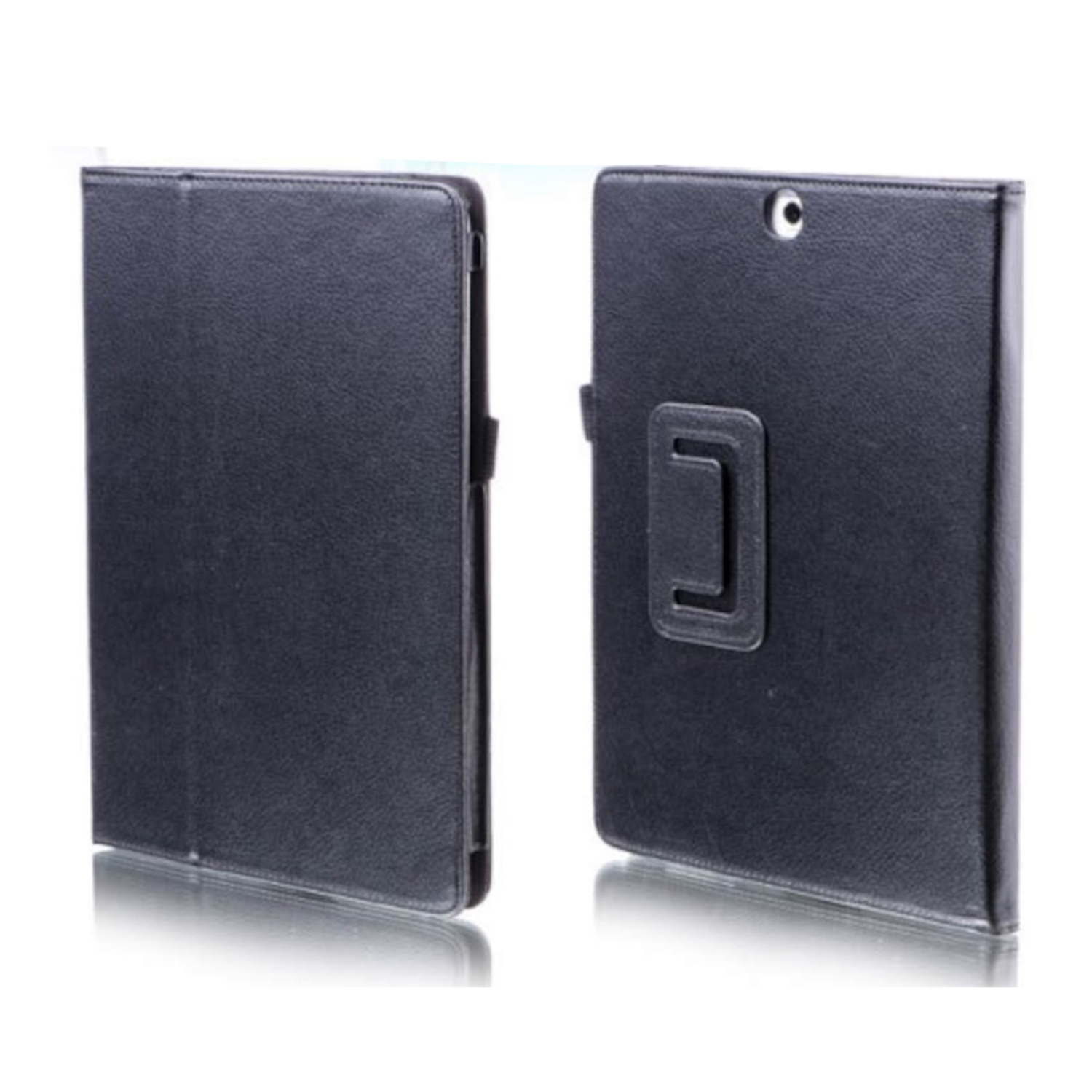 Zwei schwarze Tablet-Hüllen, eine offen, eine geschlossen. Die offene Hülle zeigt einen Tablethalter, die geschlossene ist leer.