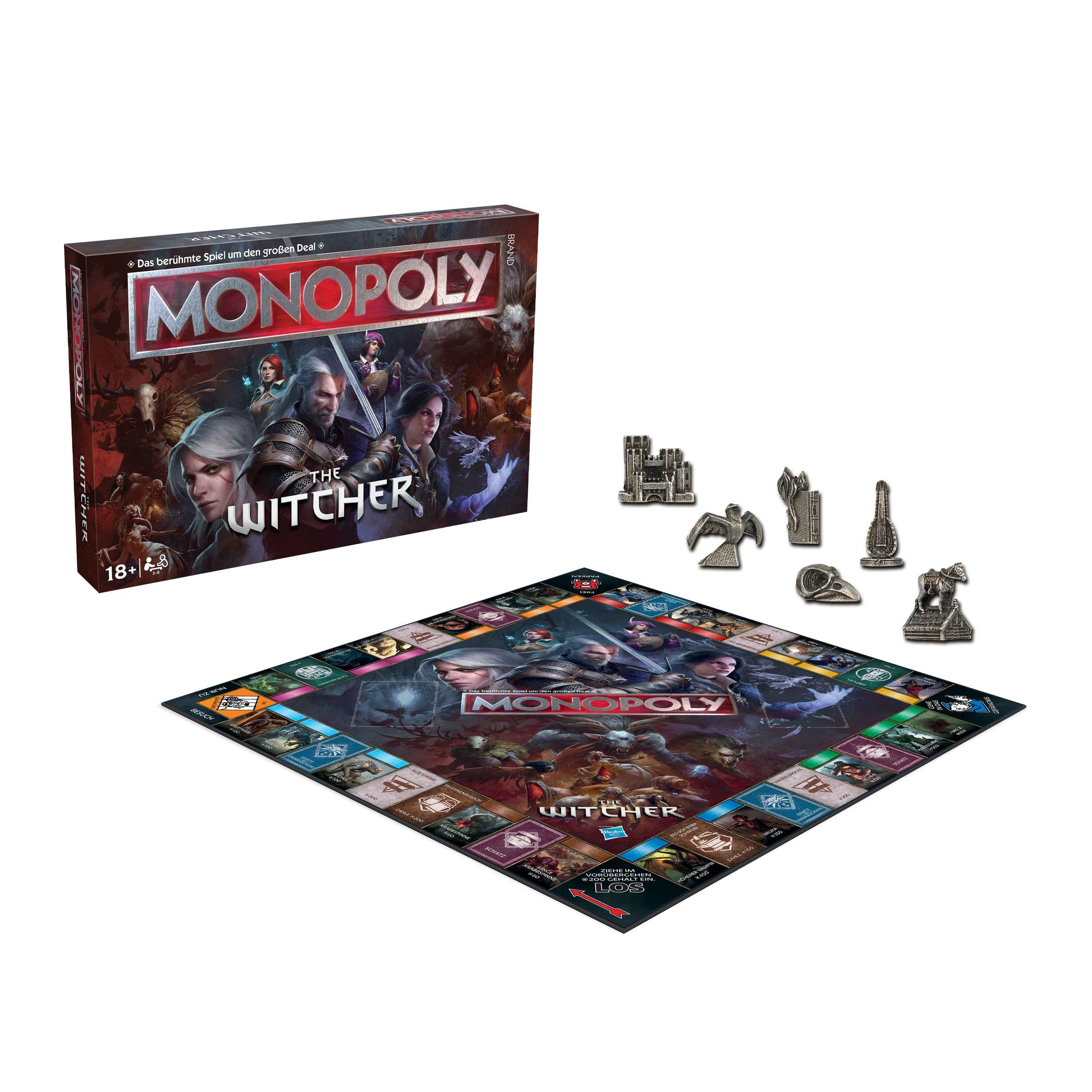 Monopoly: The Witcher Spielbox und Spielbrett mit Spielfiguren. Box zeigt Charaktere. Das Brett ist sichtbar.