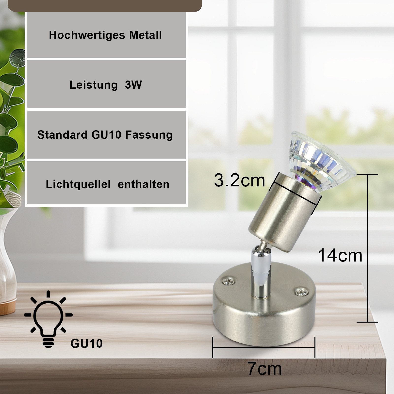 Srebrny reflektor GU10 z wymiarami, obok pudełka z niemieckim tekstem.