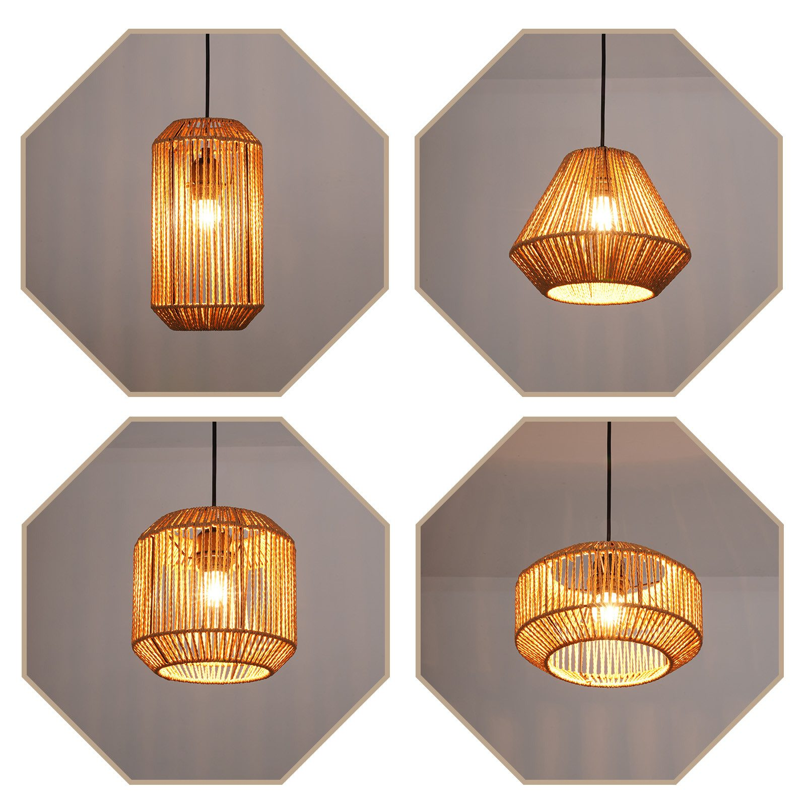 Cztery lampy zwisające z sufitu. Każda lampa ma inny kształt i tkany wzór.