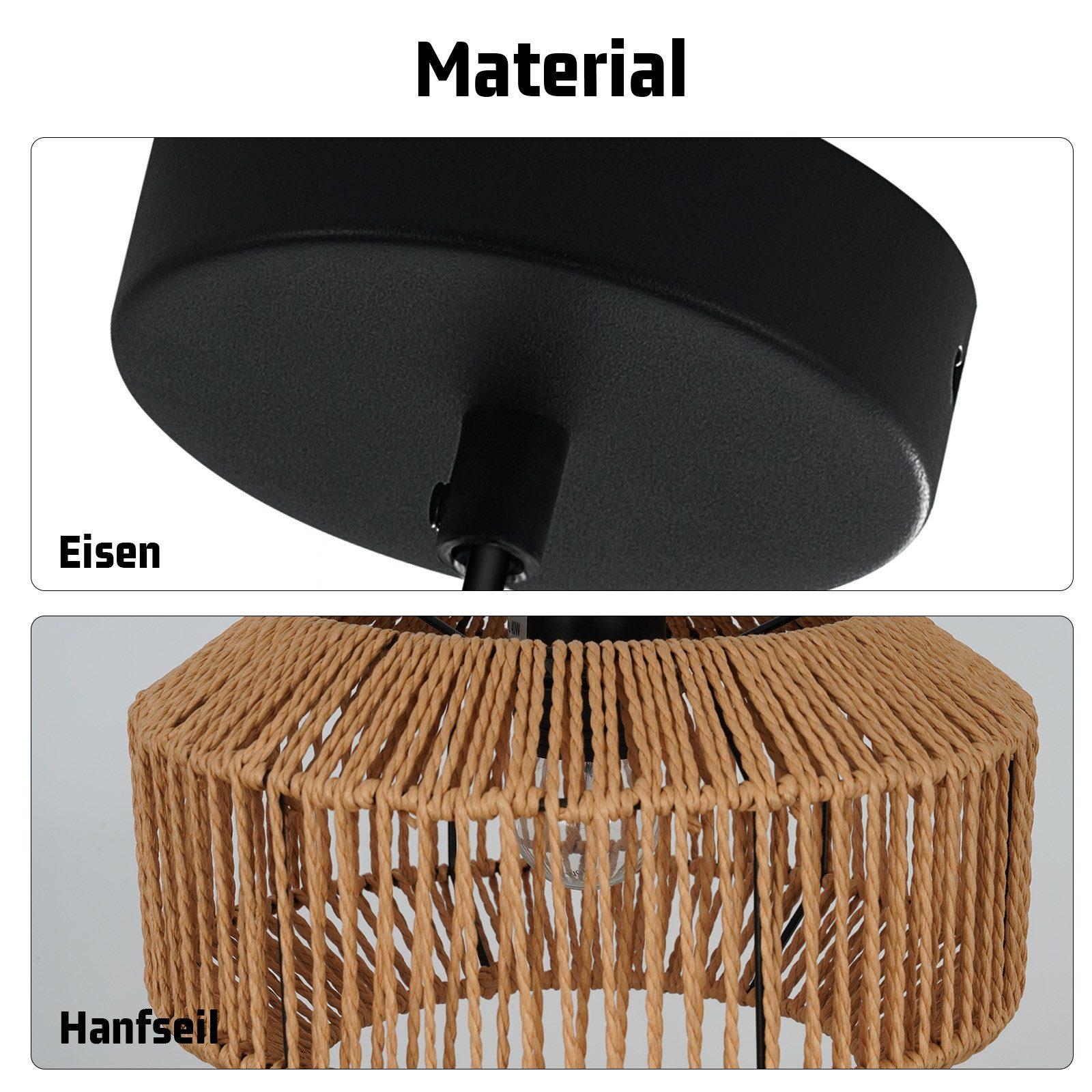 Zbliżenie części lampy: czarna metalowa góra i pleciony, beżowy klosz z liny. Białe tło.