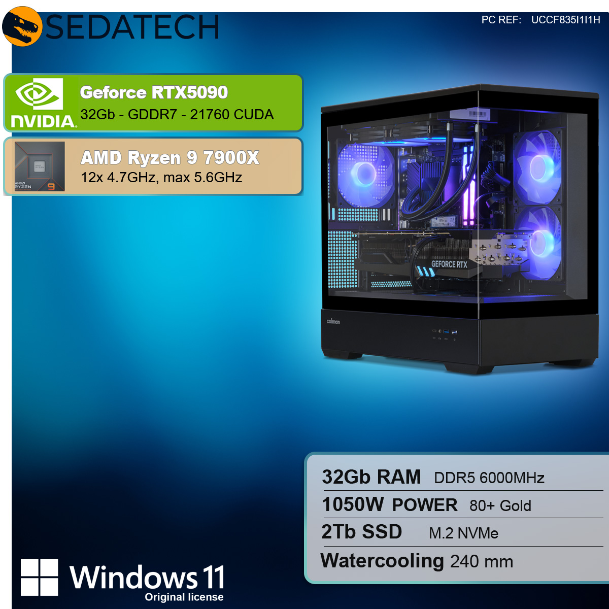 Un computer con un case in vetro, luci blu e le specifiche elencate a sinistra.