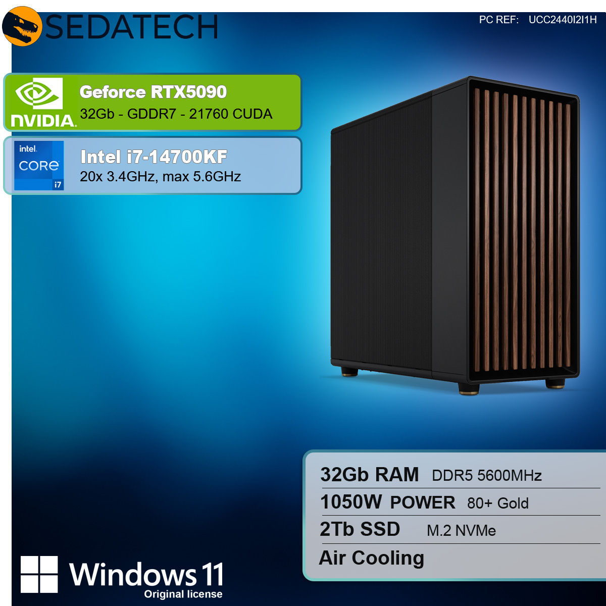 Un case per computer nero con specifiche. Ha una NVIDIA GeForce RTX5090, un Intel i7.