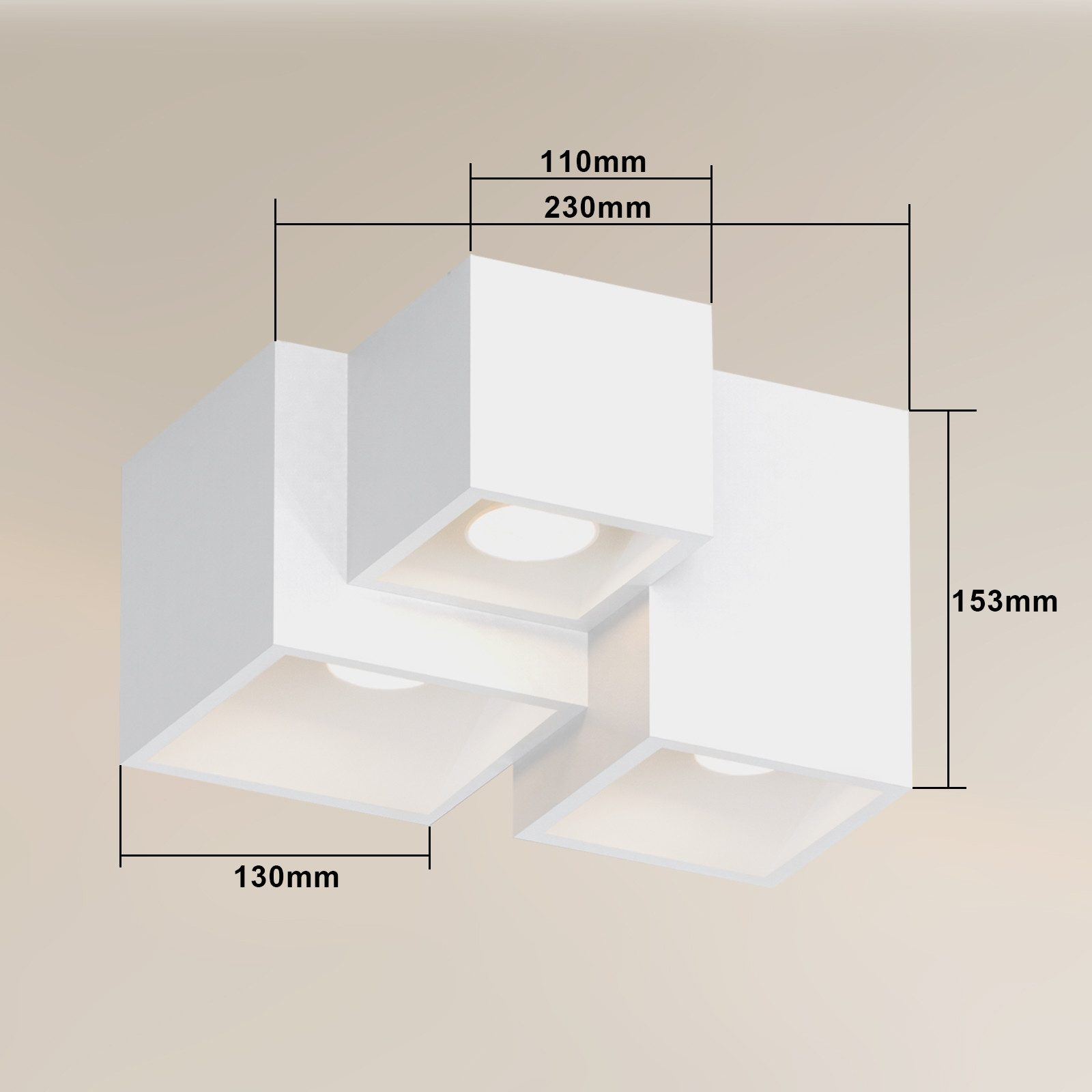 La imagen muestra una lámpara de techo blanca con dimensiones etiquetadas.