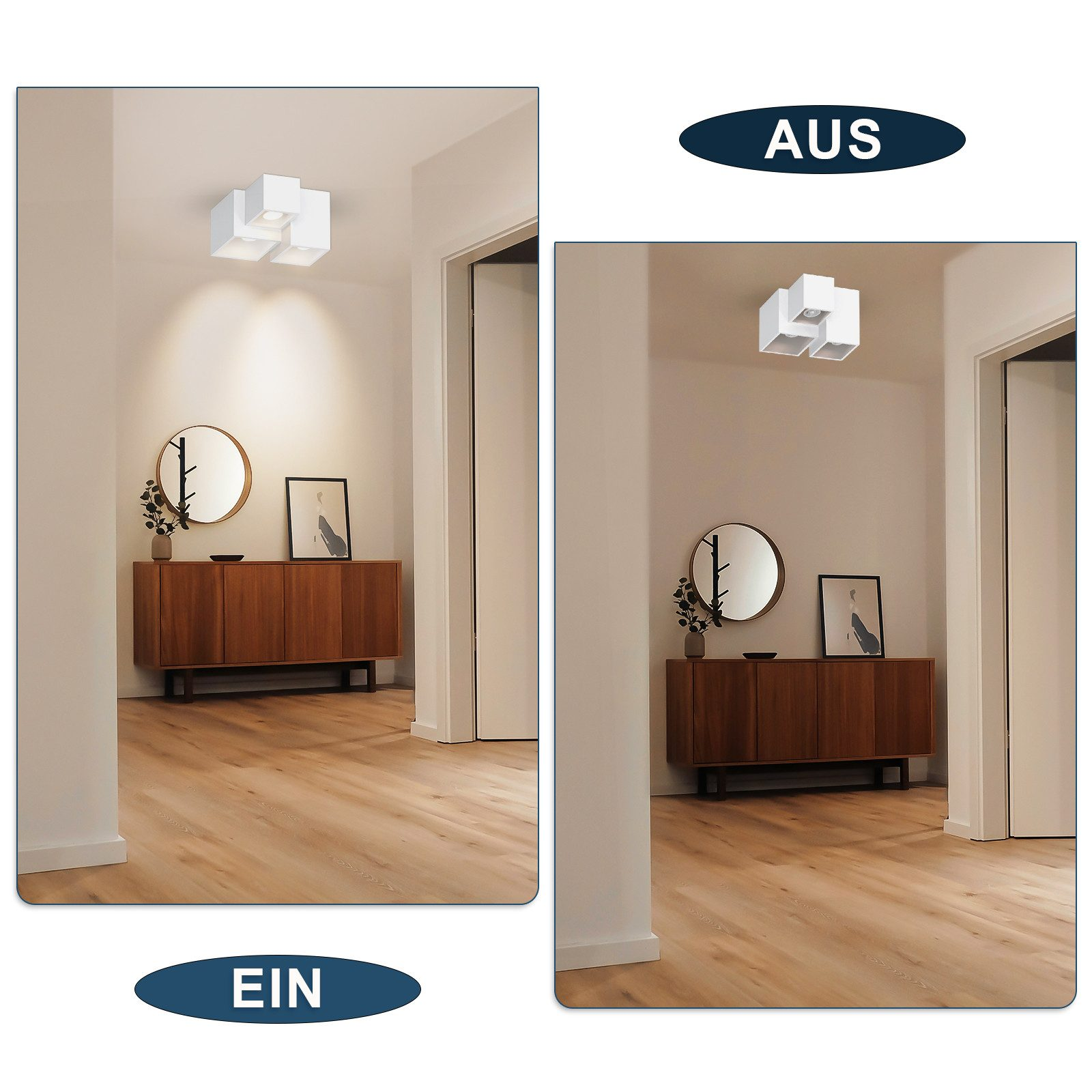 Dos fotos muestran una habitación con la luz del techo encendida y apagada. El fondo es una habitación.