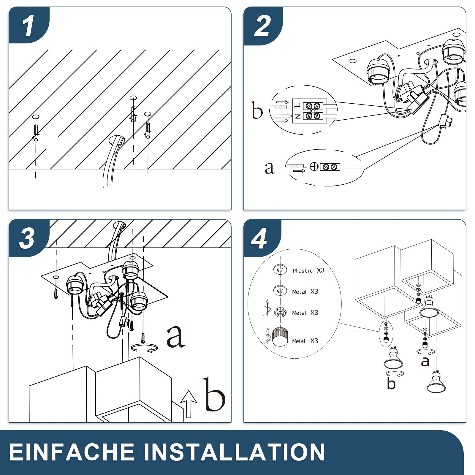 Cuatro paneles que muestran los pasos de instalación de una lámpara de techo. Instrucciones incluidas.