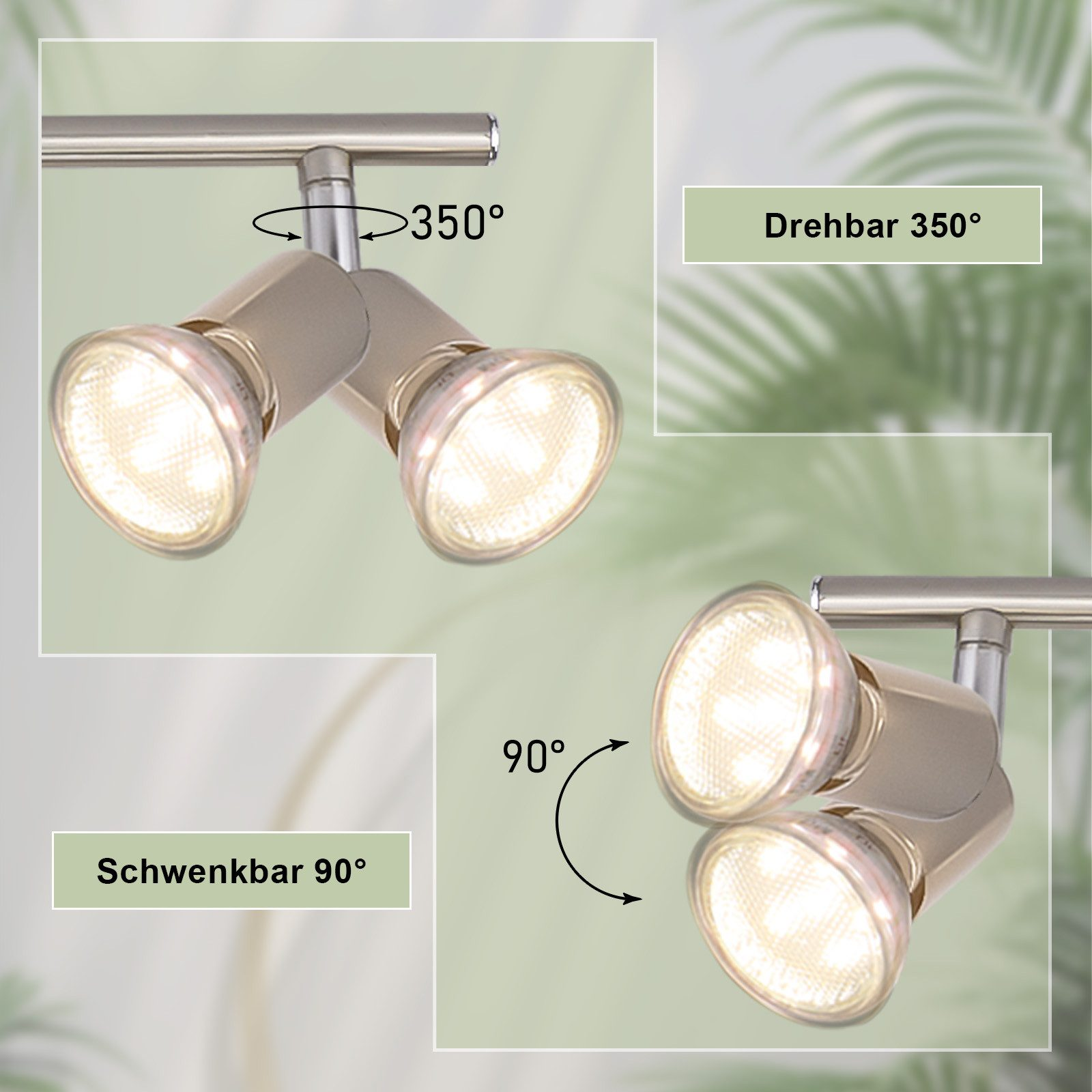 Dwa srebrne reflektory na szynie. Jeden pokazuje obrót o 350 stopni, drugi o 90.