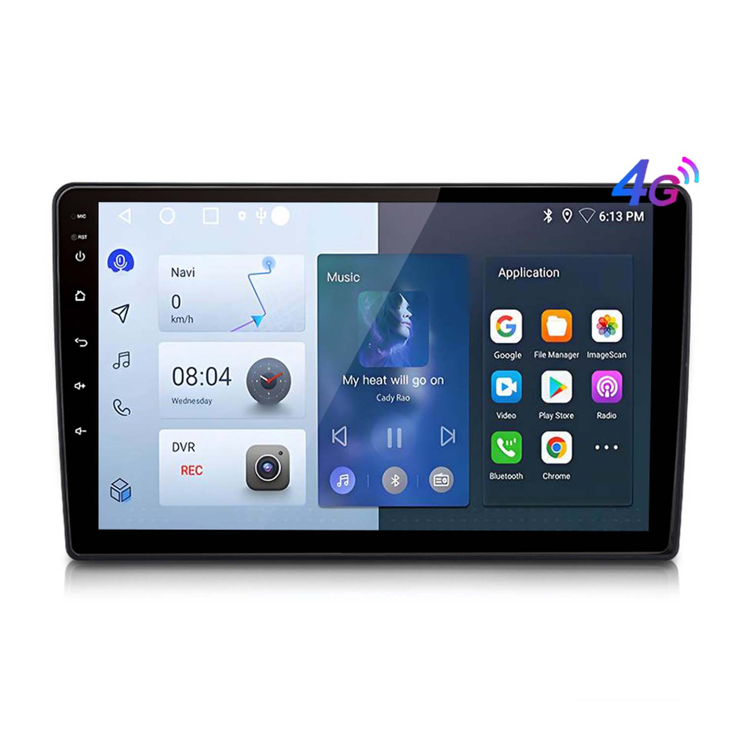 Ein Auto-Multimedia-Bildschirm, der Navigation, Musik und Anwendungsoptionen anzeigt.
