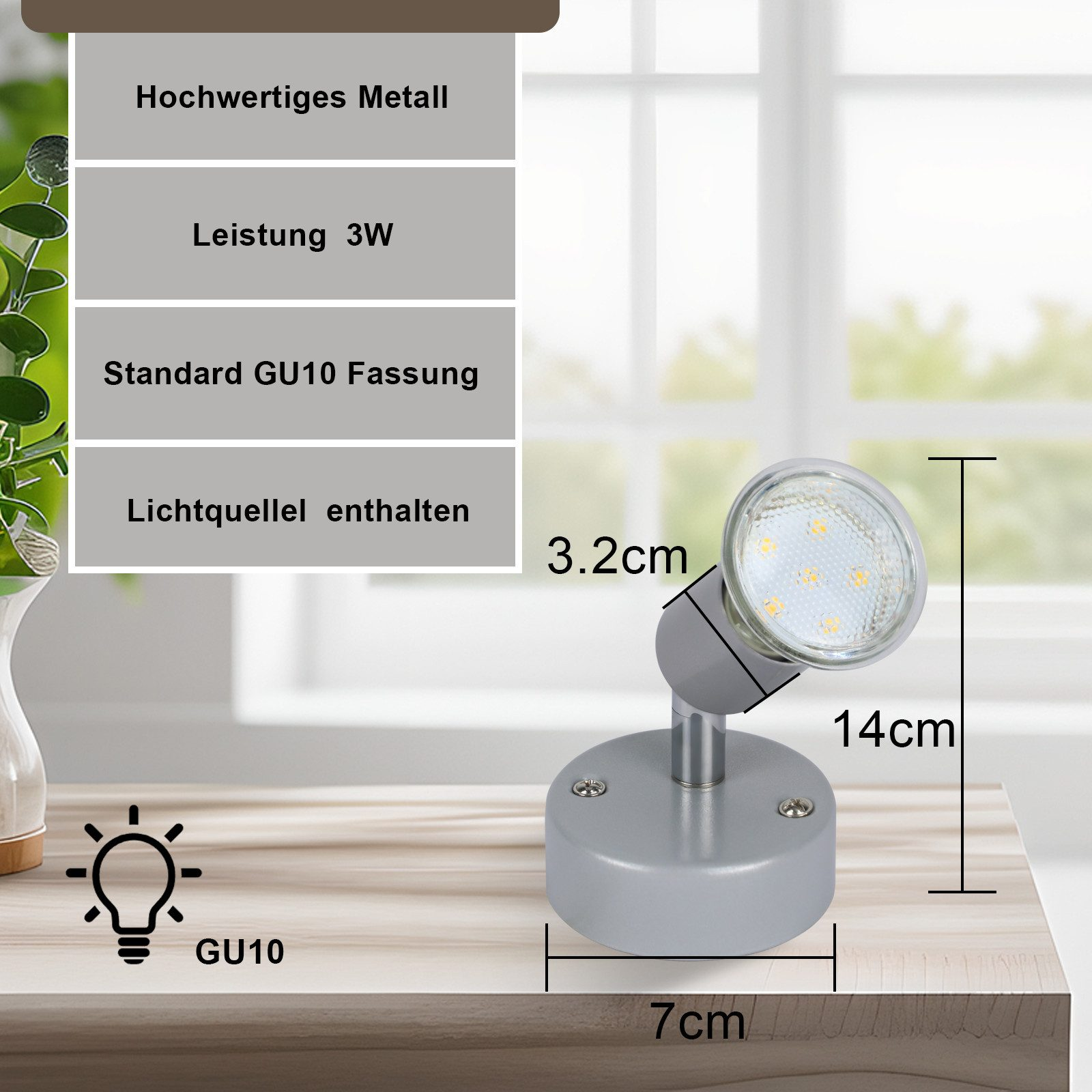 Szary reflektor z ikoną żarówki i drewniany stół.