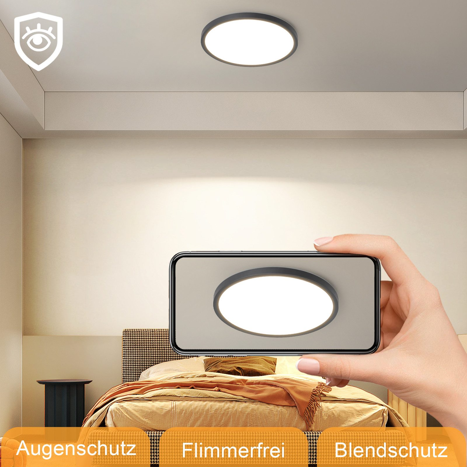 Mano sosteniendo un teléfono que muestra una luz ambiental con subtítulos en alemán.