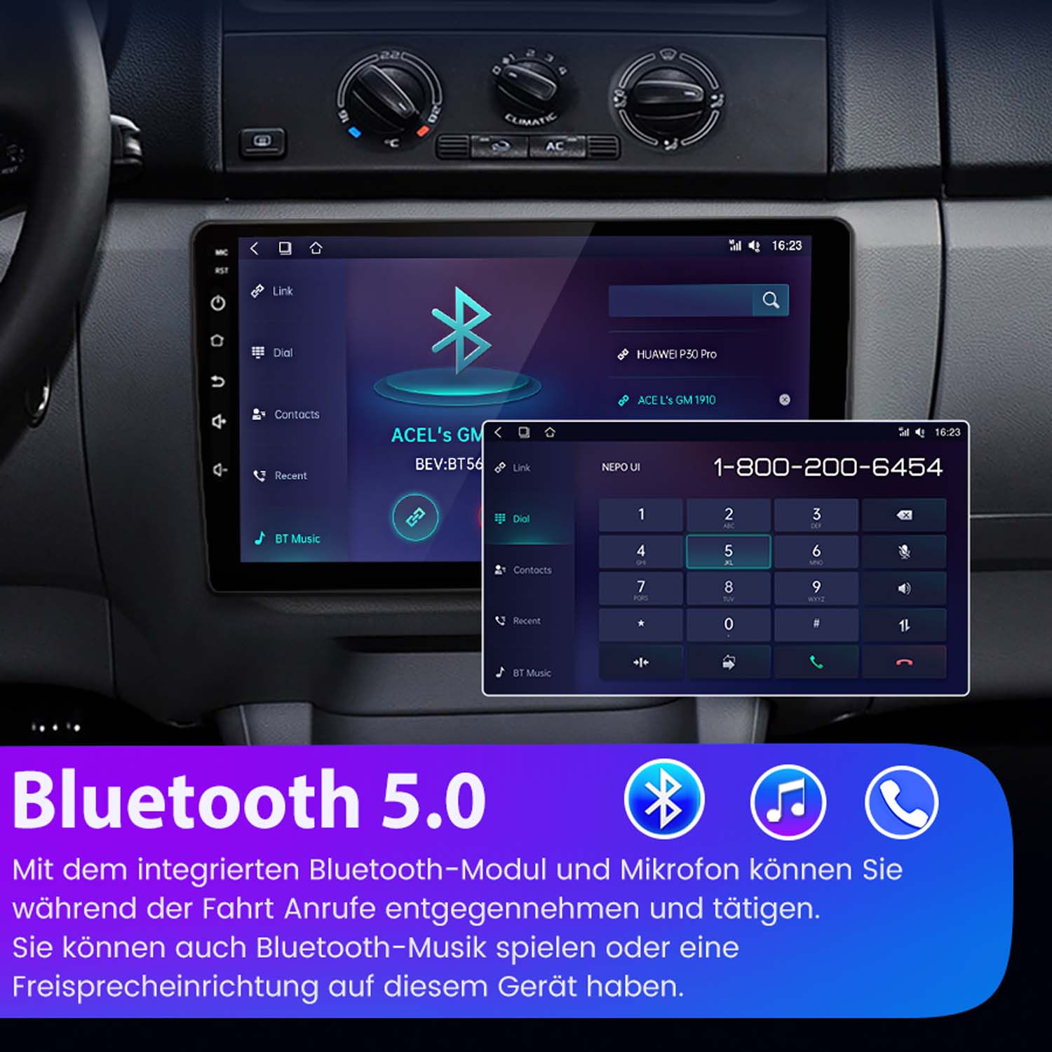Ein Autoradio-Hauptgerät, das eine Bluetooth-Verbindung und ein Wählfeld anzeigt.