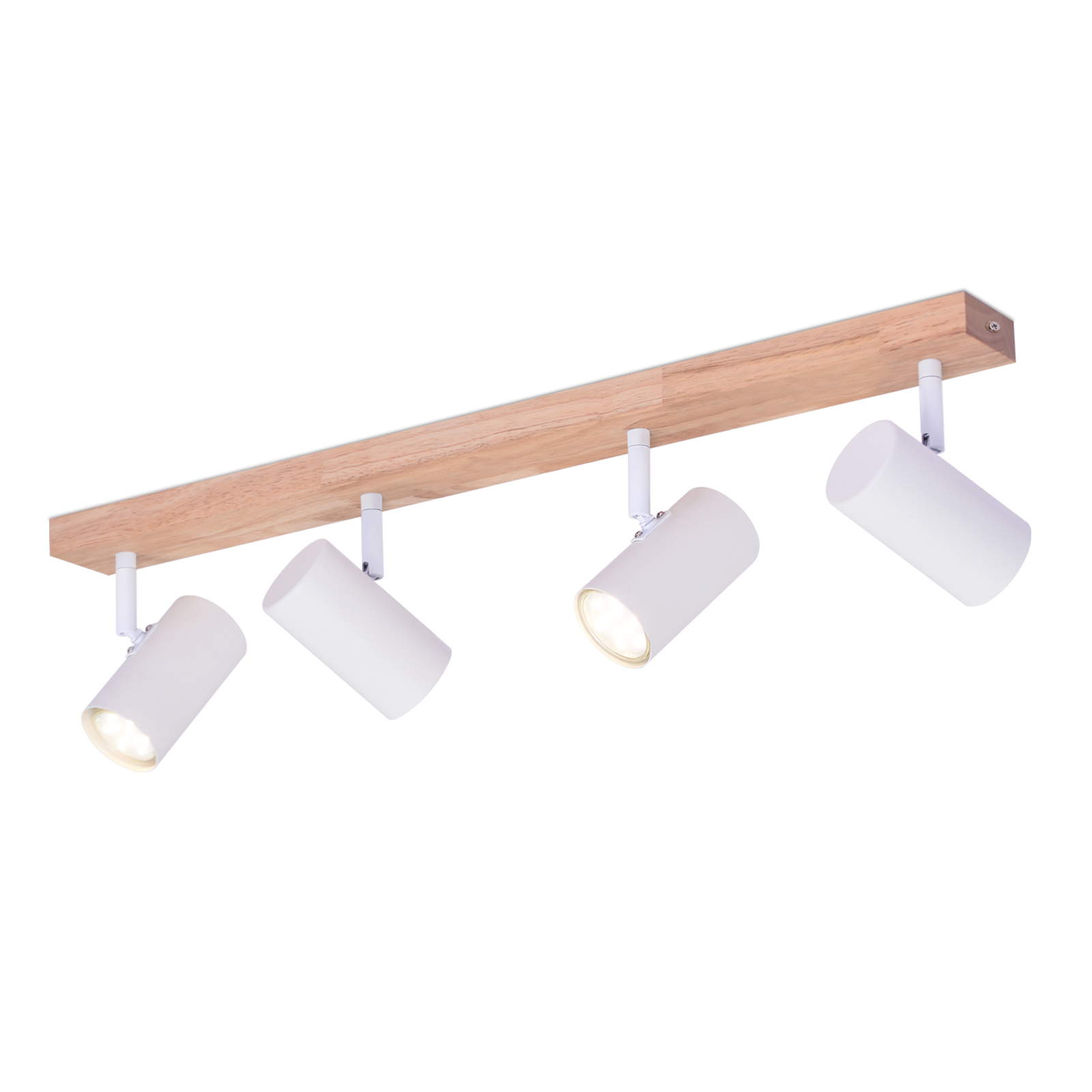 Trave in legno con quattro faretti bianchi attaccati. Le luci sono cilindriche.