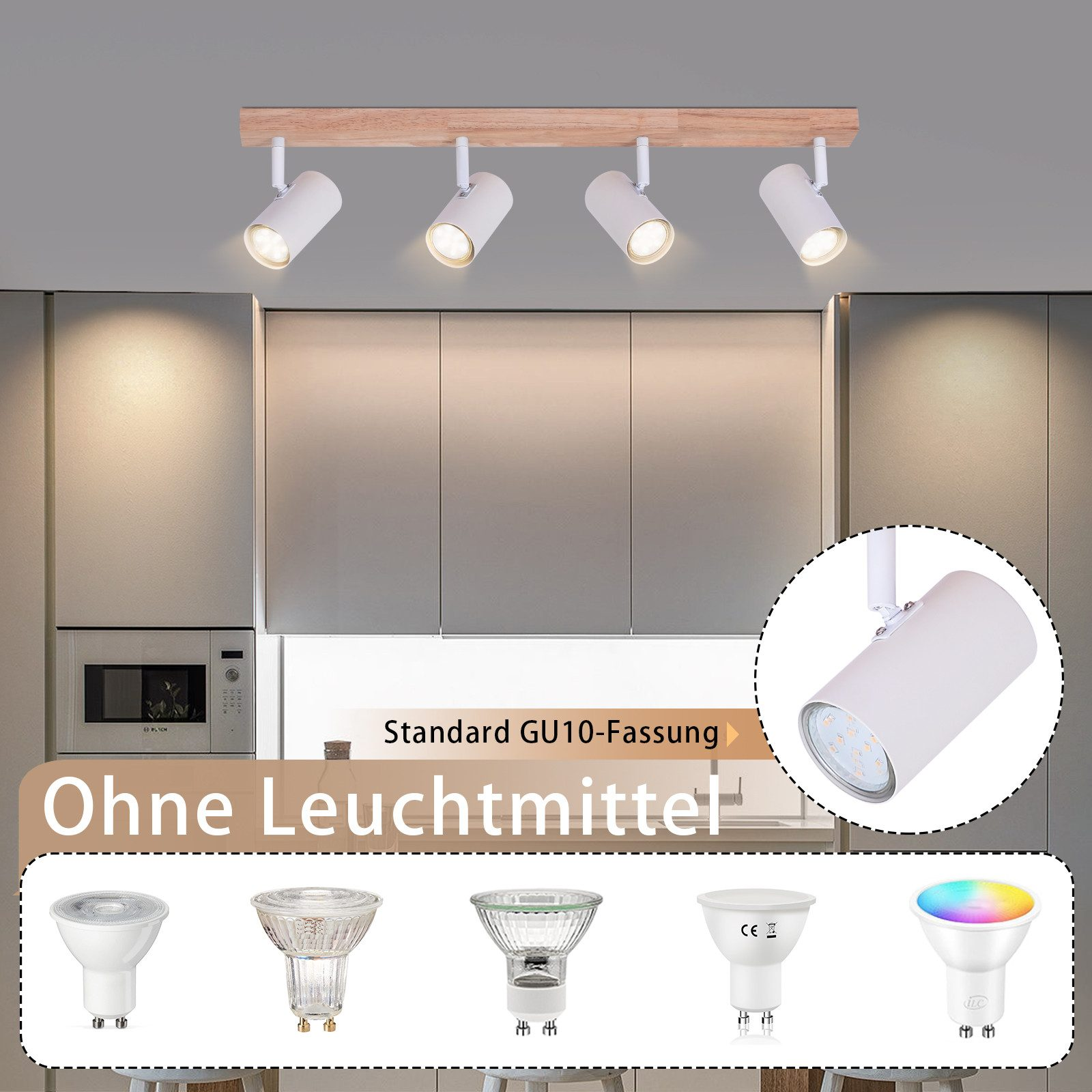 Faretti bianchi su una trave di legno. Una serie di lampadine in basso nell'immagine.