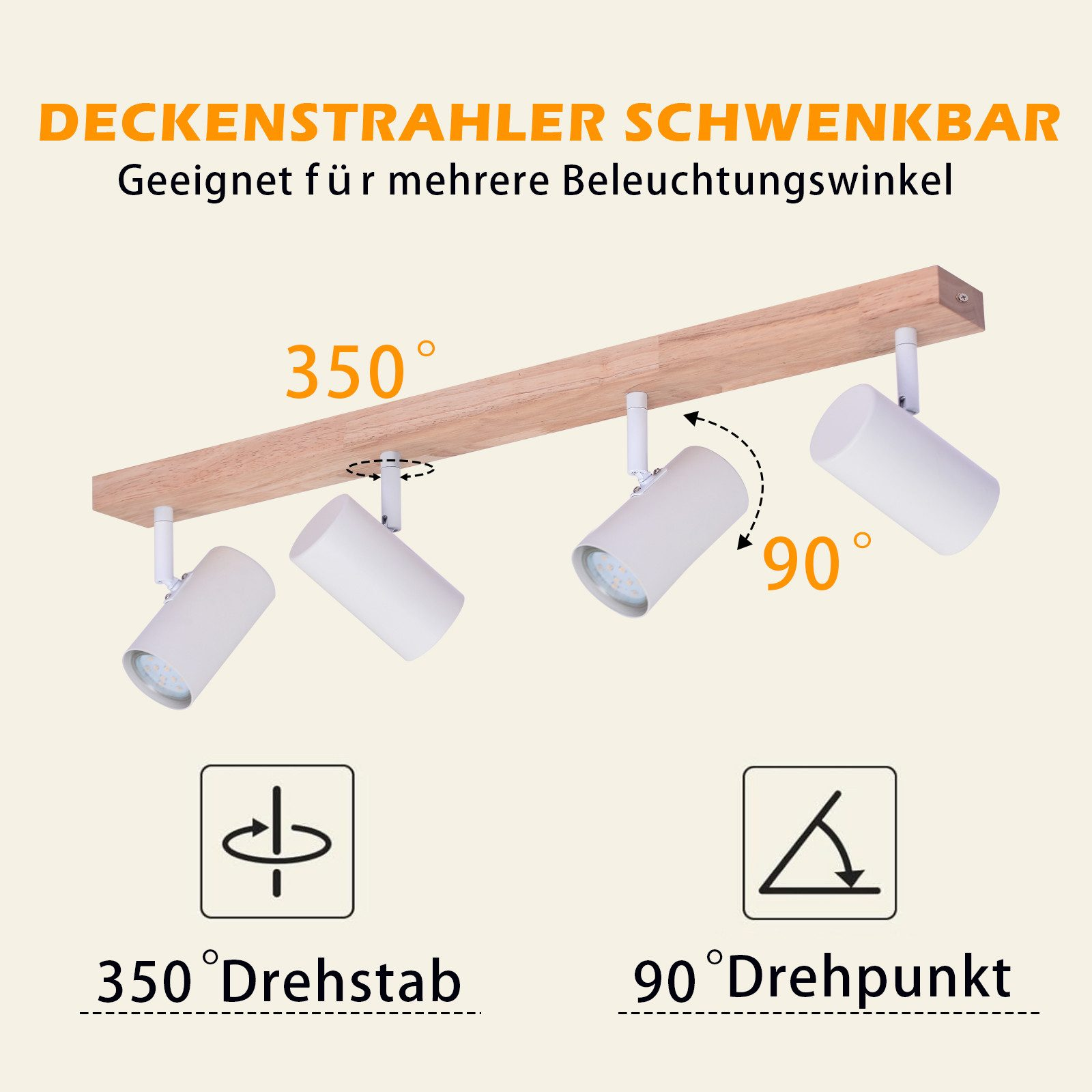 Faretti bianchi su una barra di legno, con indicatori di gradi che mostrano l'intervallo di movimento: 350° e 90°.