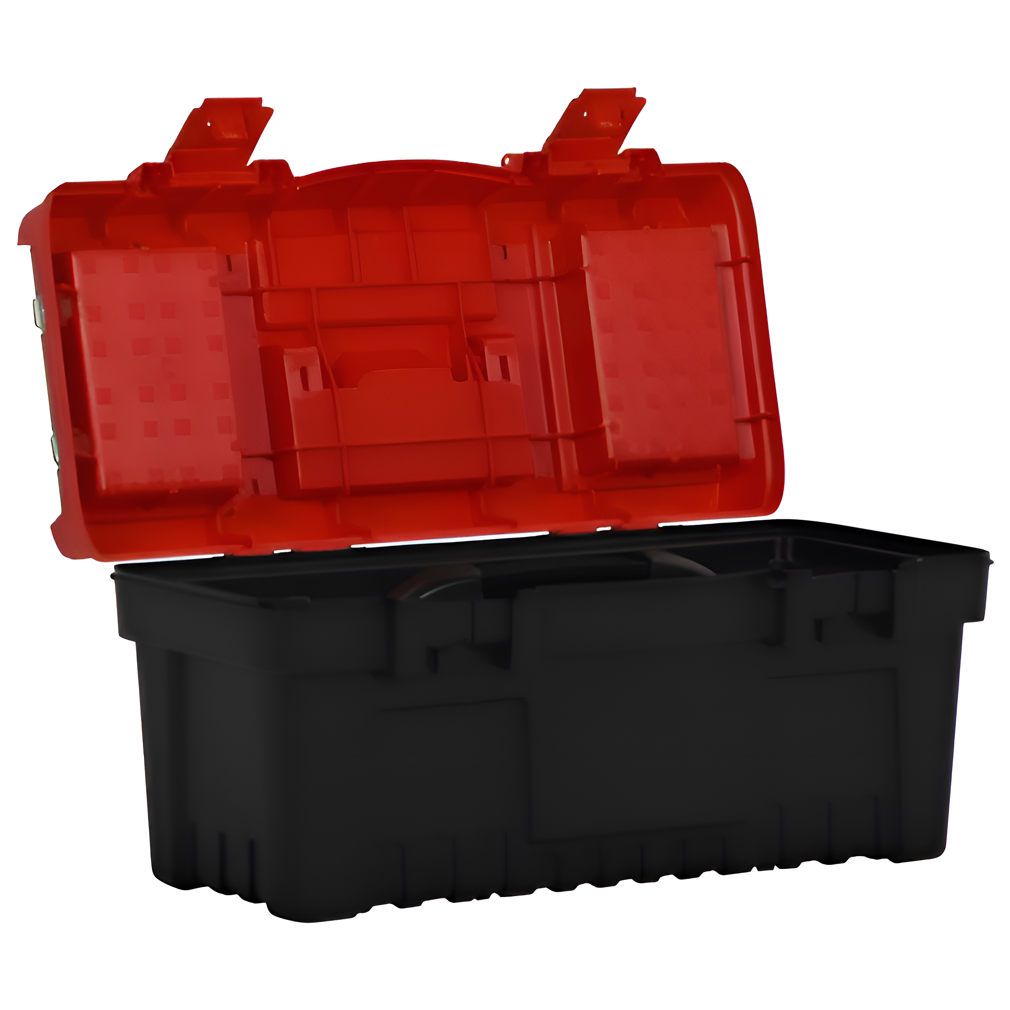 Offene rote Werkzeugkiste; schwarze Basis, roter Deckel. Griff ist schwarz. Weißer Hintergrund.