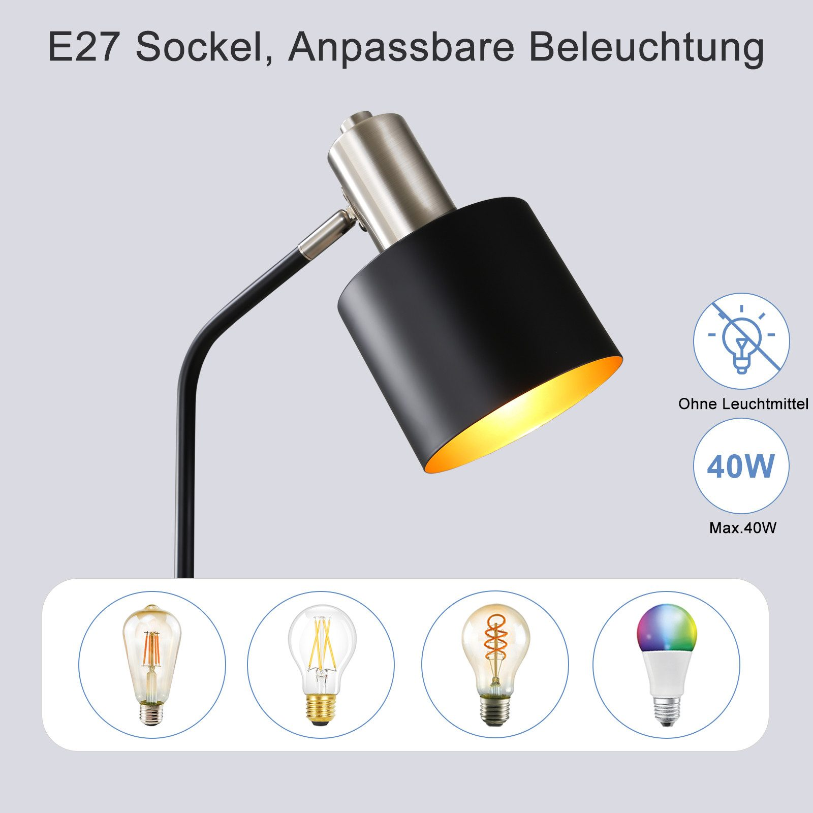 Czarna i srebrna lampa biurkowa ze złotym wnętrzem. Poniżej pokazano cztery różne opcje żarówek.