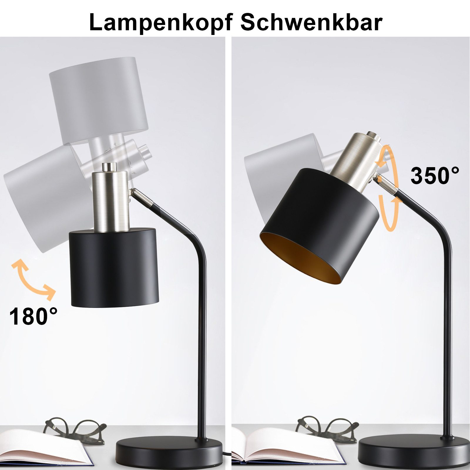 Dwa obrazy czarnej lampy biurkowej. Głowica lampy obraca się o 180 i 350 stopni.