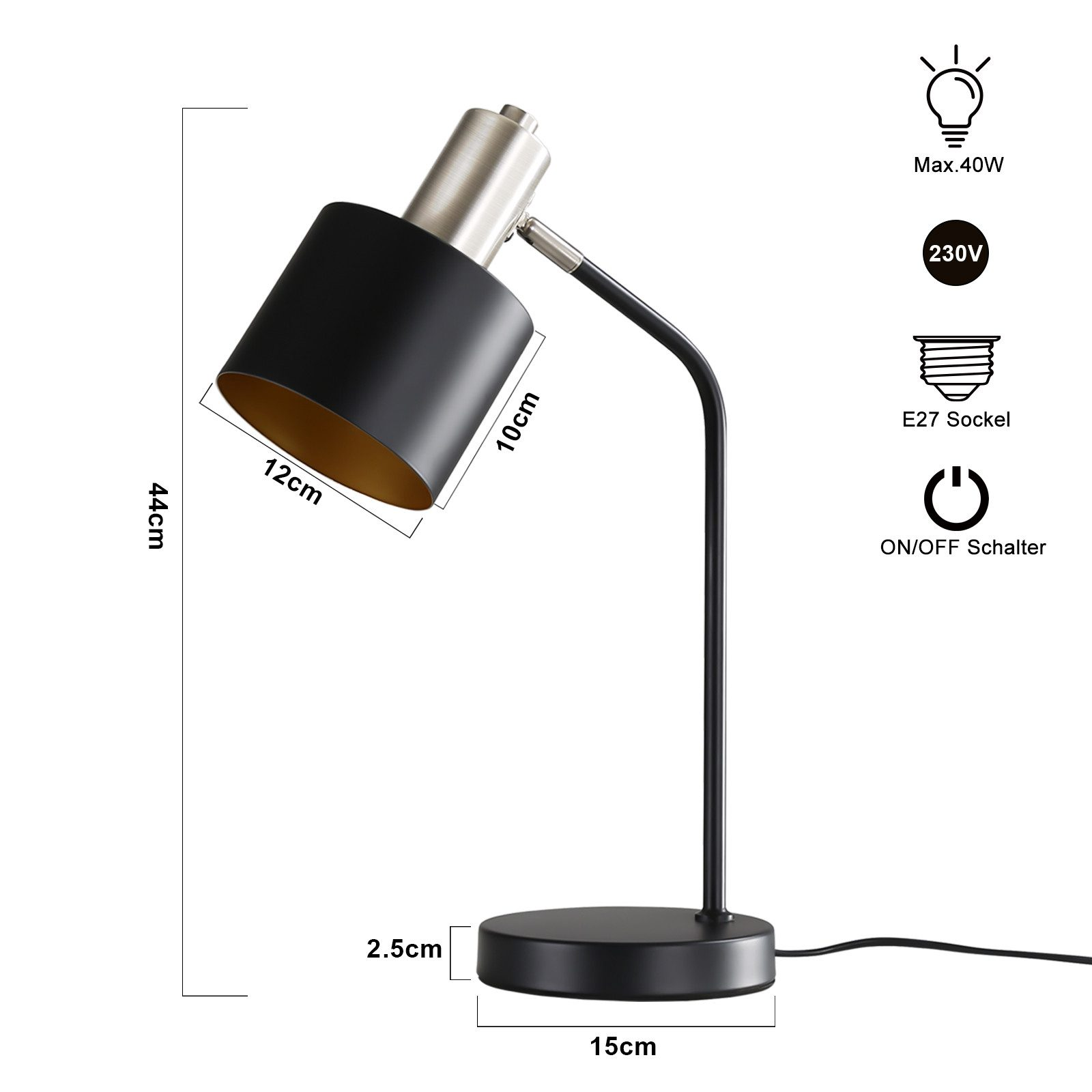 Czarno-srebrna lampa biurkowa z wymiarami. Posiada gniazdo E27, włącznik/wyłącznik i max. 40W światła.