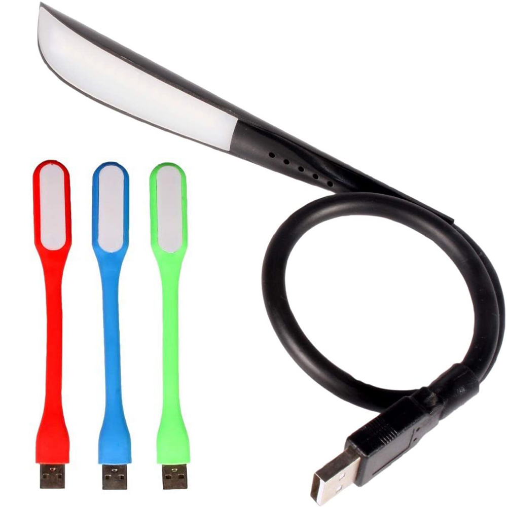 Eine flexible LED-USB-Leuchte mit drei kleineren Leuchten in Rot, Blau und Grün.