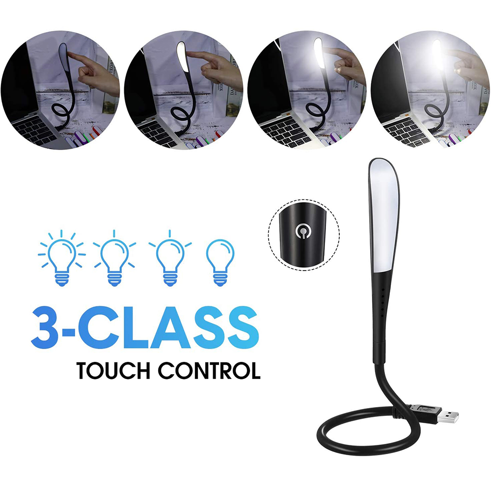 Schwarze USB-LED-Lampe mit Touch-Steuerung, neben einem Laptop. Glühbirnen-Icons.