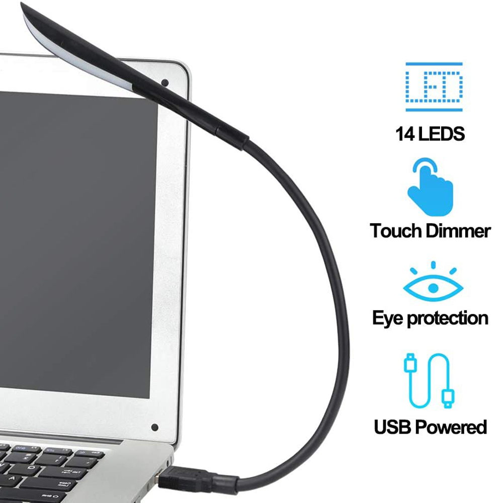 Eine schwarze und silberne USB-LED-Lampe ist an einen Laptop angeschlossen.