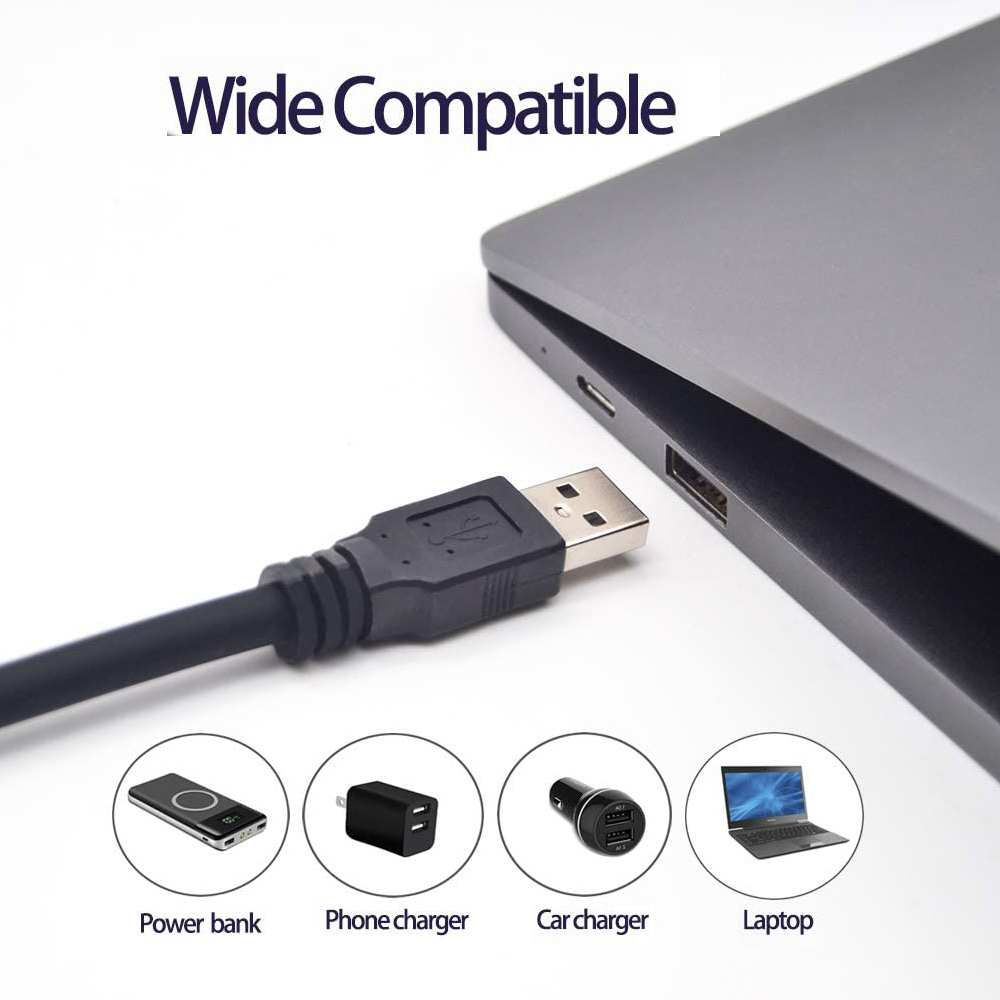 Schwarzes USB-Kabel an Laptop angeschlossen. Darunter Symbole unterstützter Geräte.