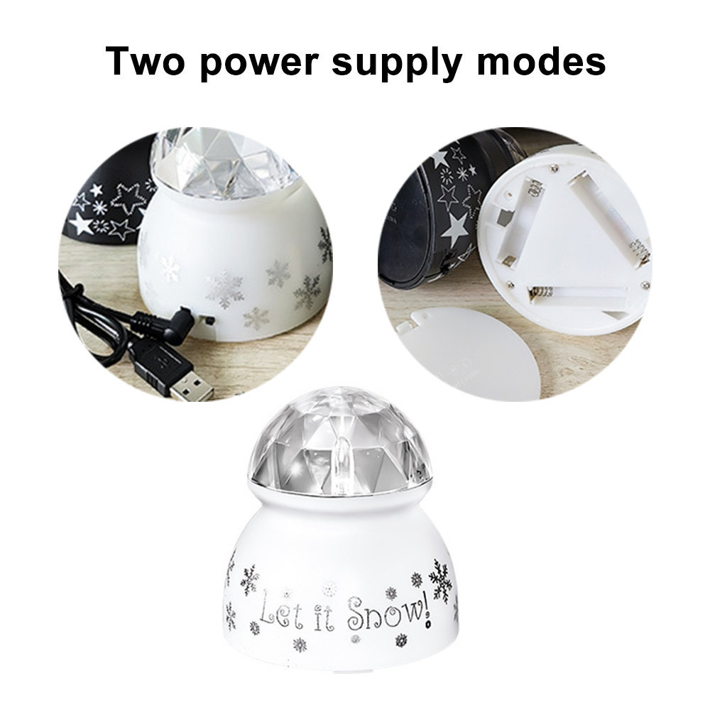 Ein weißes, schneekugelartiges Licht mit USB-Kabel und Batteriefach. Es steht: „Let it Snow!“