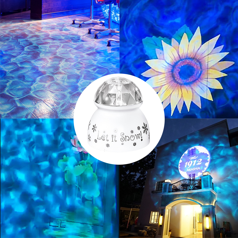 Vier Bilder eines dekorativen Lichtprojektors, der blaue und gelbe Lichtmuster projiziert.